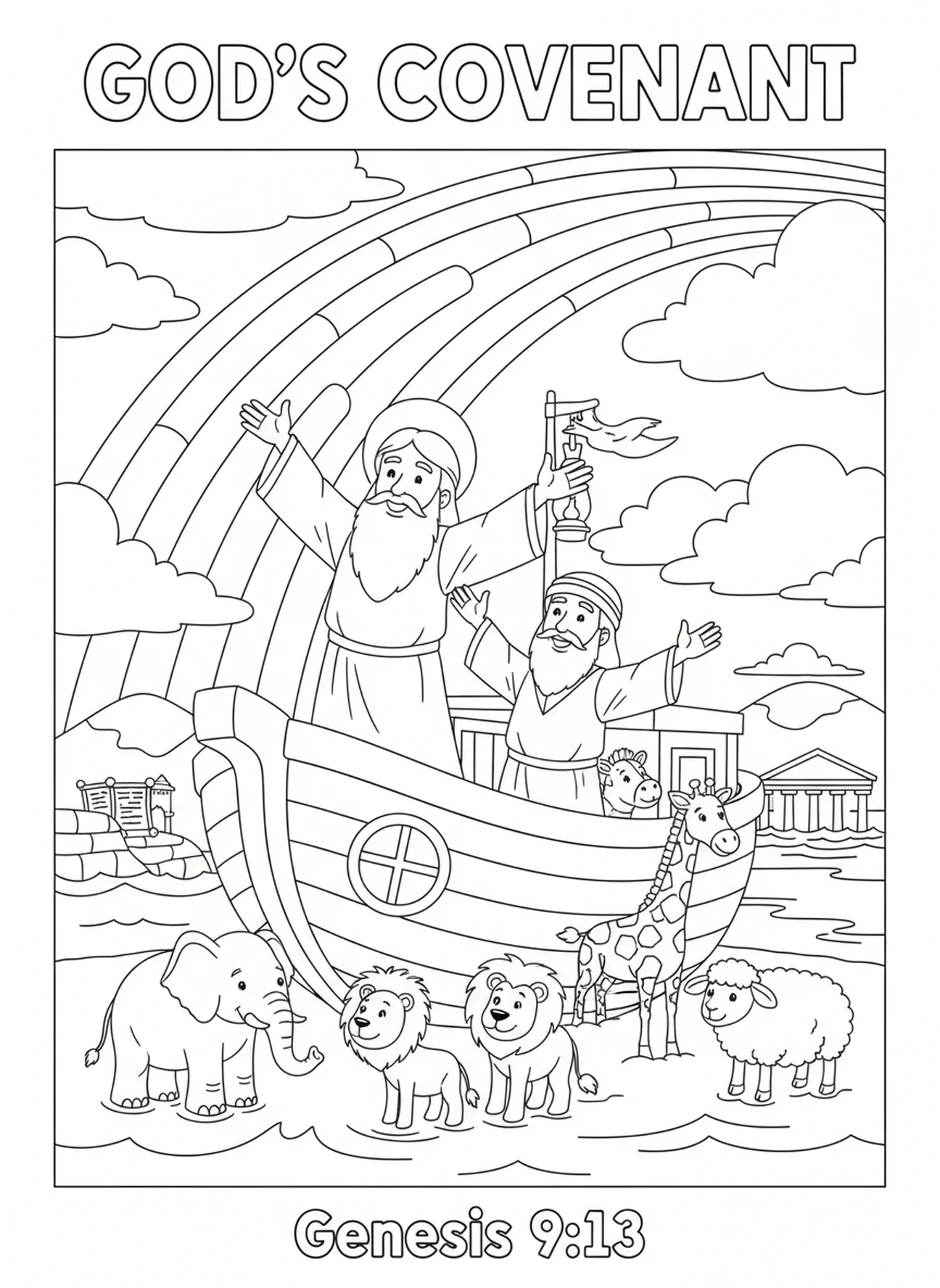 Bundeszeichen des Regenbogens, Printable Bible Coloring Ausmalbild für Sonntagsschule Kinder im Alter von 5-12 Jahren.