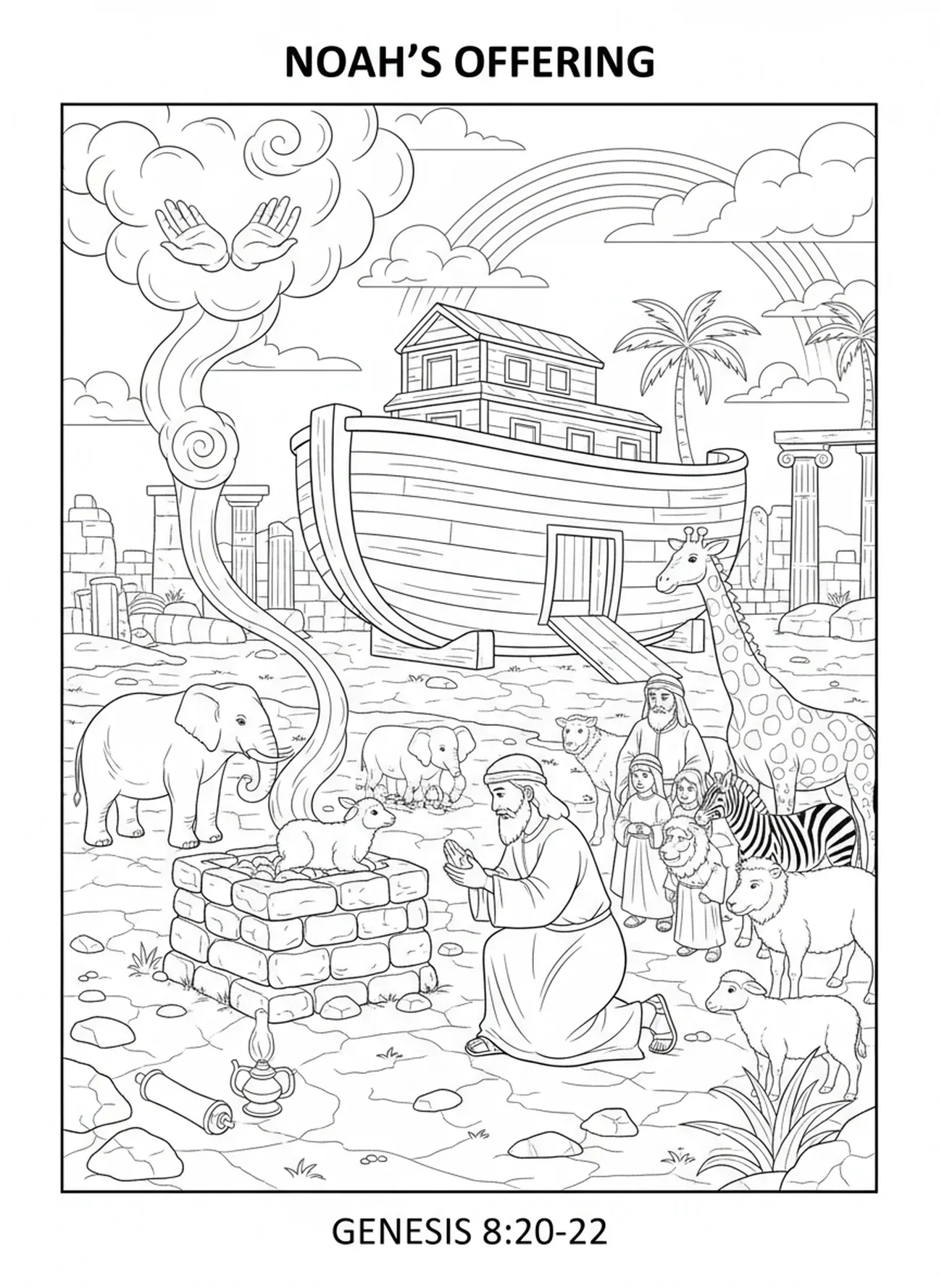 Noah baut einen Altar, Printable Bible Coloring Seite für die Sonntagsschule für Kinder im Alter von 5-12 Jahren.