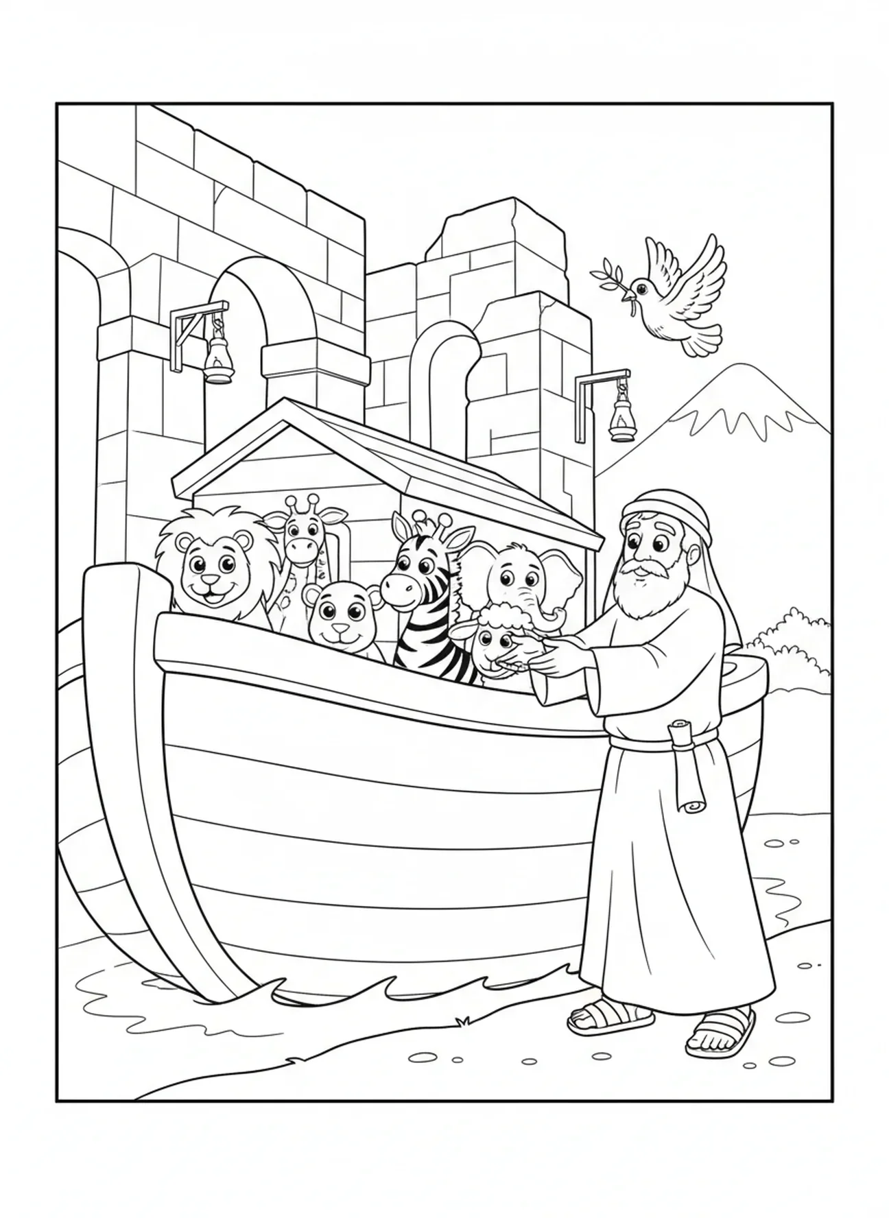 Noah, der eine Taube freilässt, Printable Bible Coloring Seite für Sonntagsschule Kinder im Alter von 5-12 Jahren.