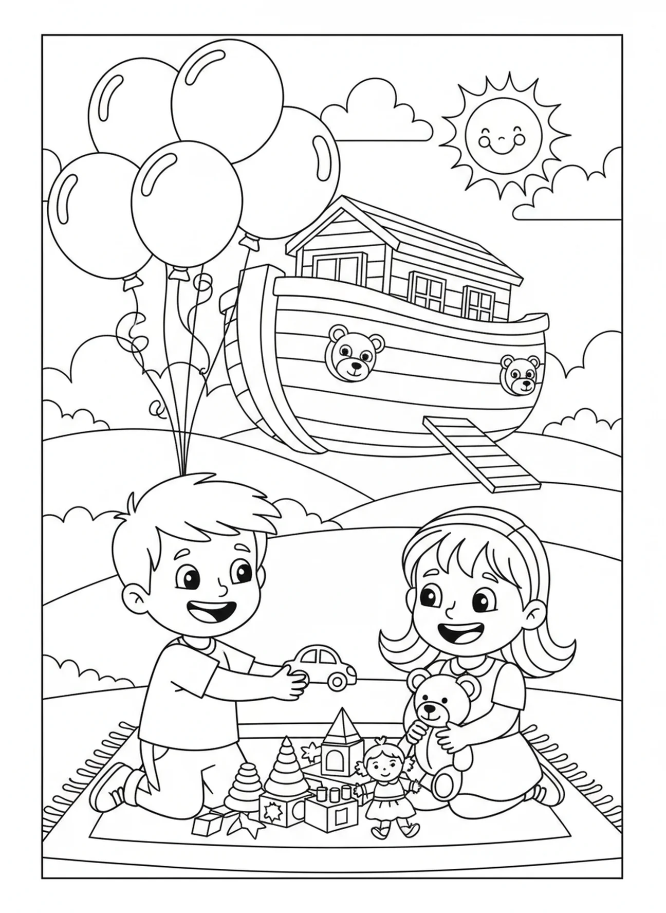 Desenho de criança compartilhando brinquedos, página de colorir Tema Amar Uns aos Outros para crianças de 5 a 10 anos