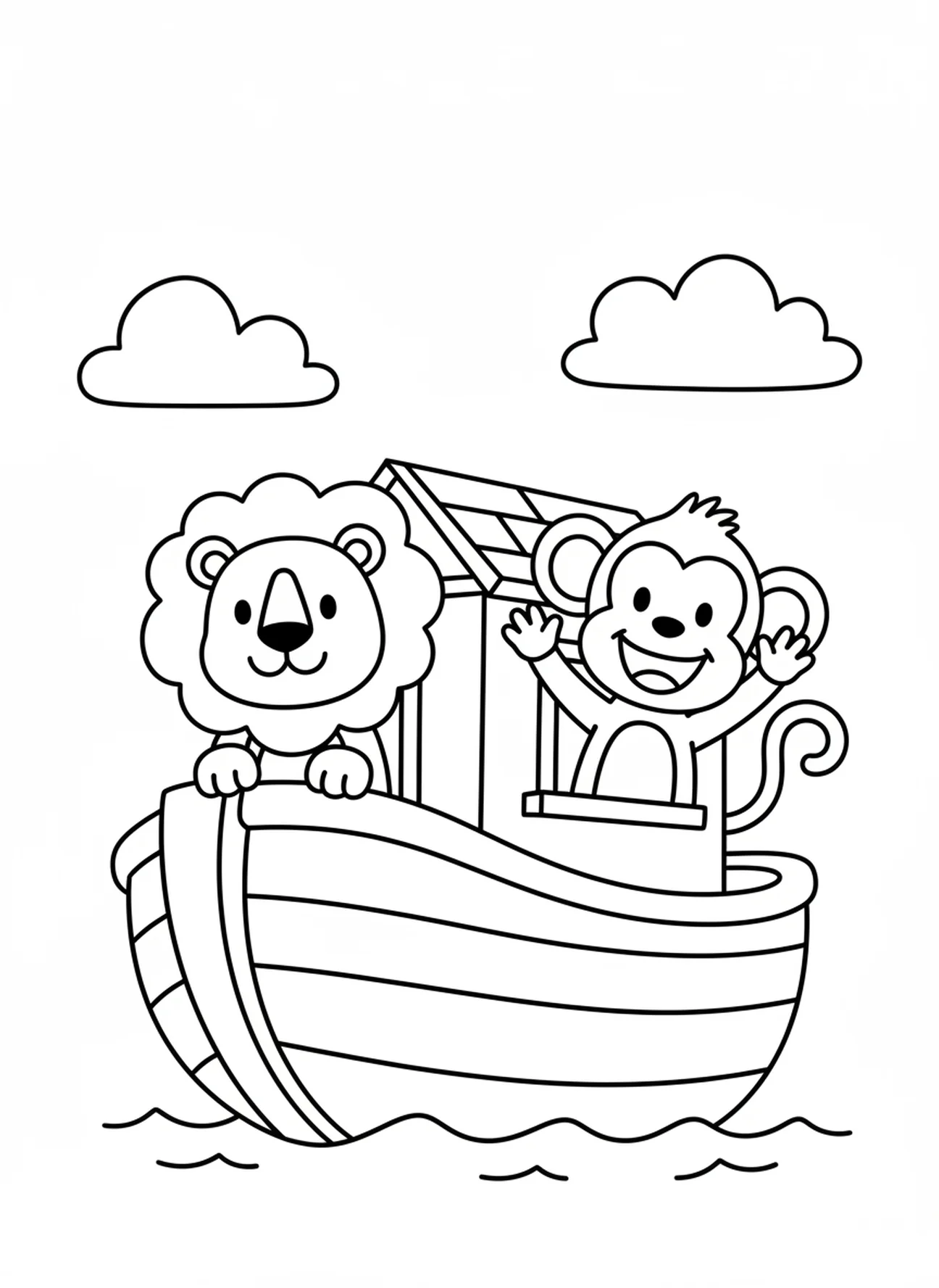Lion et singe curieux, page à colorier sur le thème Aimez-vous les uns les autres pour les enfants d'âge préscolaire de 3 à 5 ans