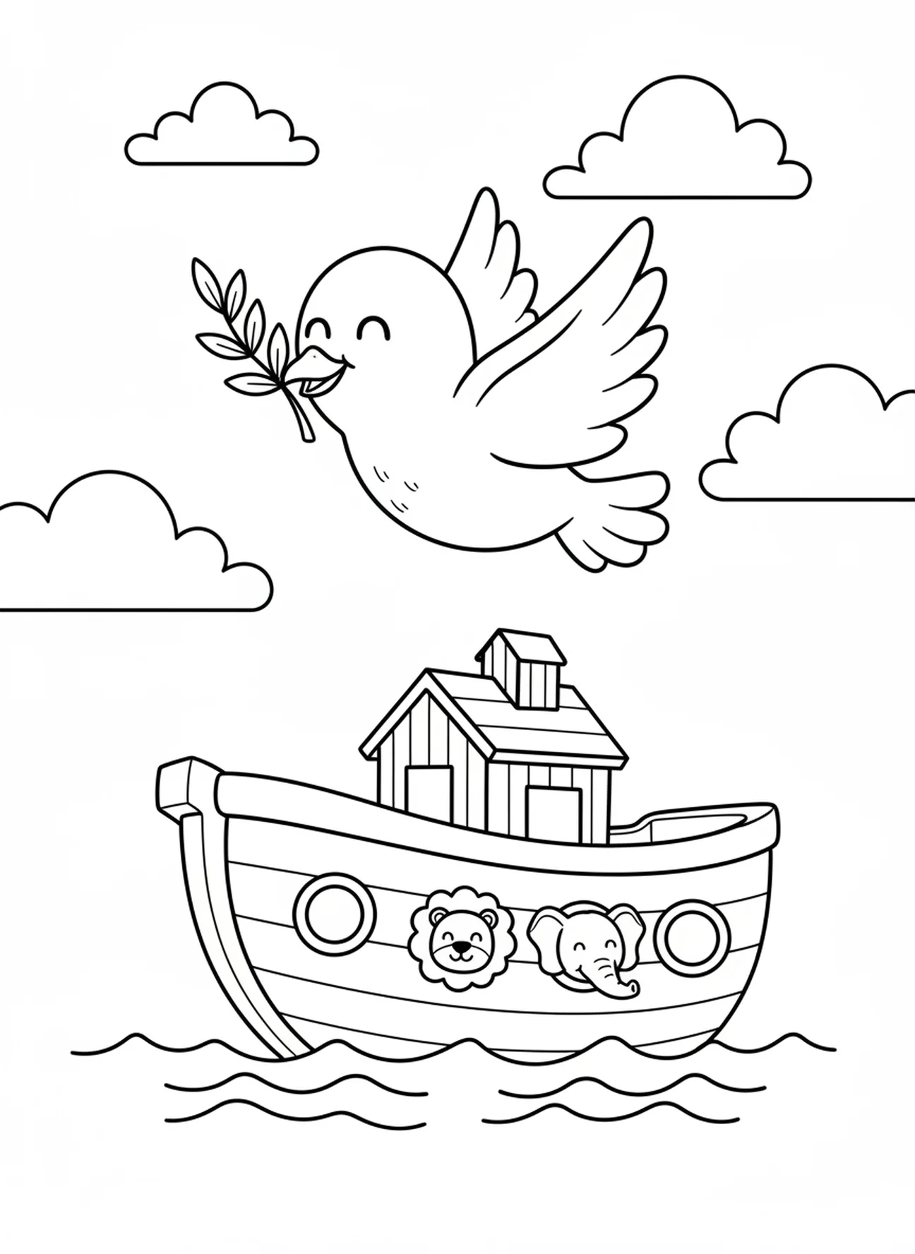 Colombe avec une branche d'olivier, page à colorier sur le thème Aimez-vous les uns les autres pour les enfants d'âge préscolaire de 3 à 5 ans