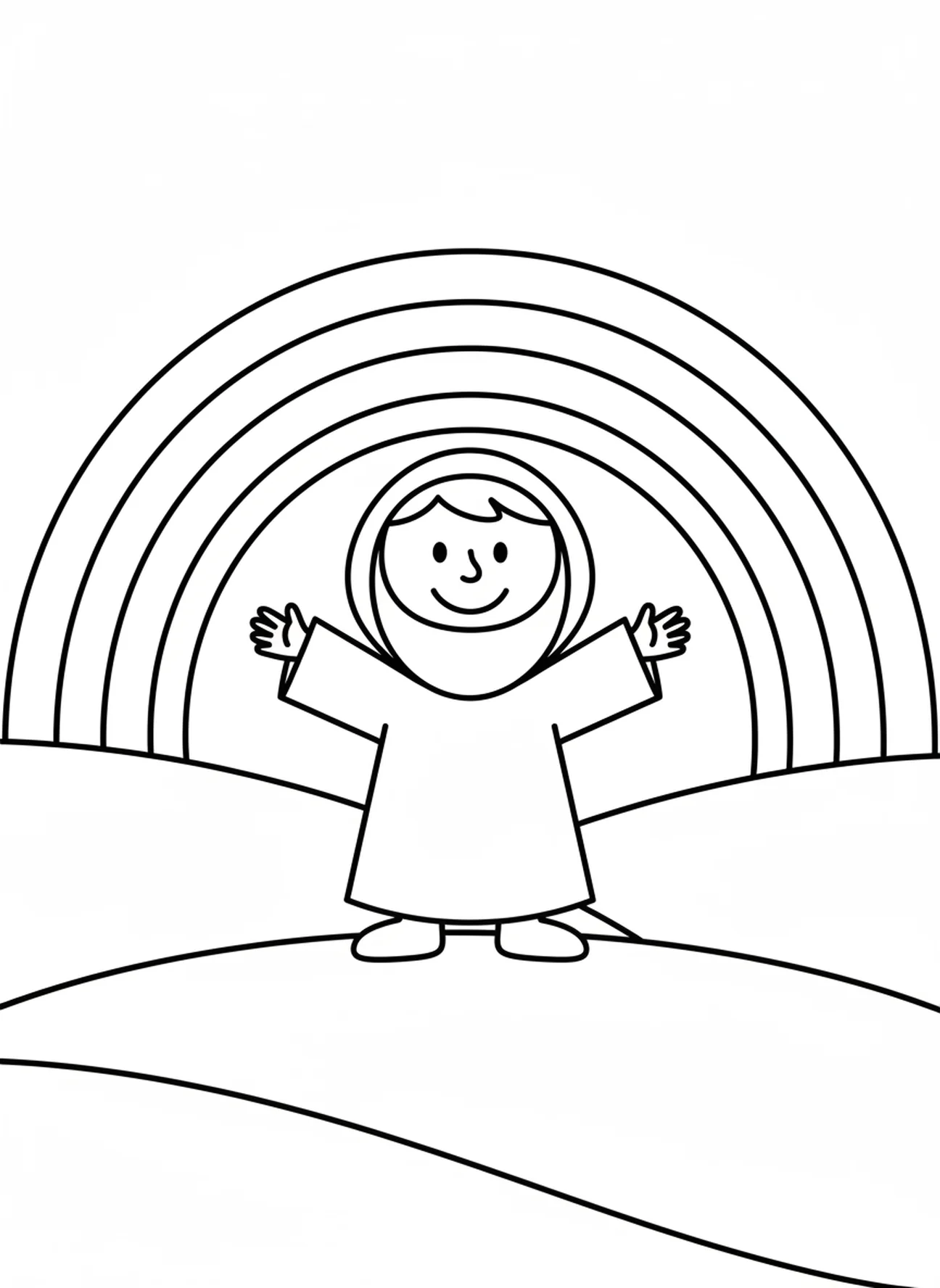 Noé avec un arc-en-ciel, page à colorier sur le thème Aimez-vous les uns les autres pour les enfants d'âge préscolaire de 3 à 5 ans
