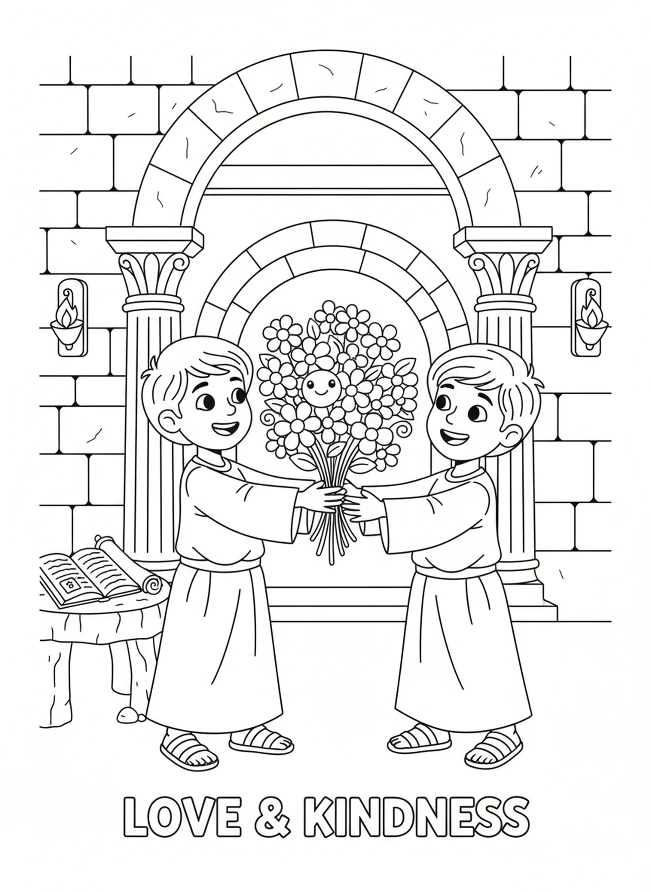 Kind dat bloemen aanbiedt, Kleurplaat Thema Houd van Elkaar voor Zondagsschoolkinderen van 5-12 jaar.