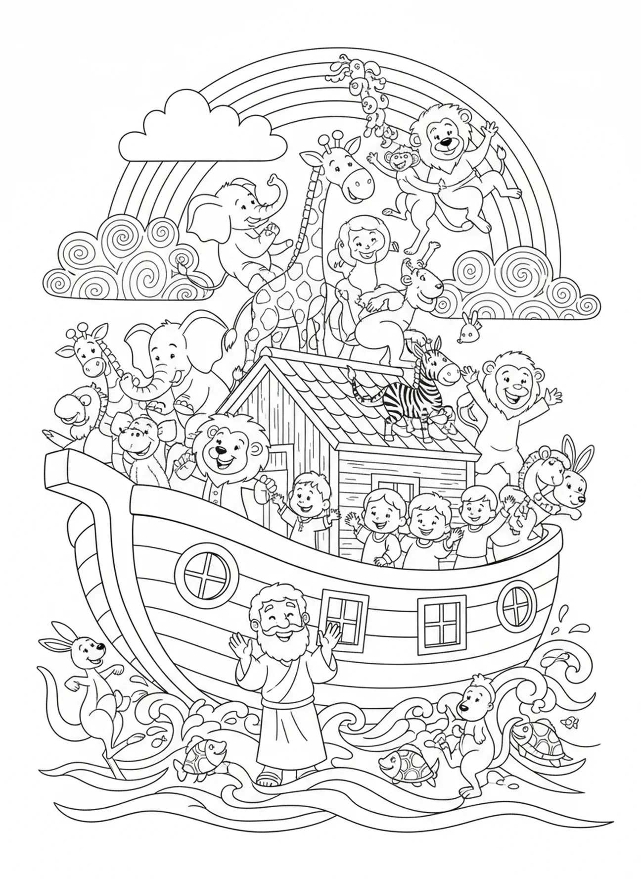 Dancing animals on ark, Love coloring page for kids age 5-10