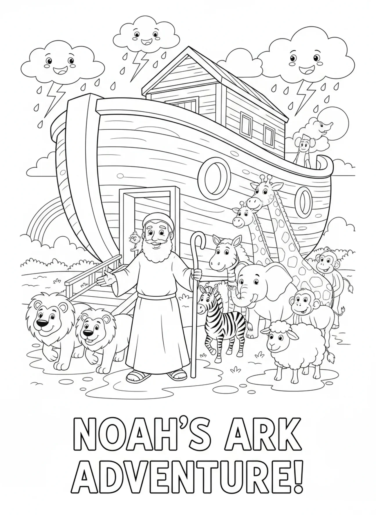 Noah with animals, Love coloring page for kids age 5-10