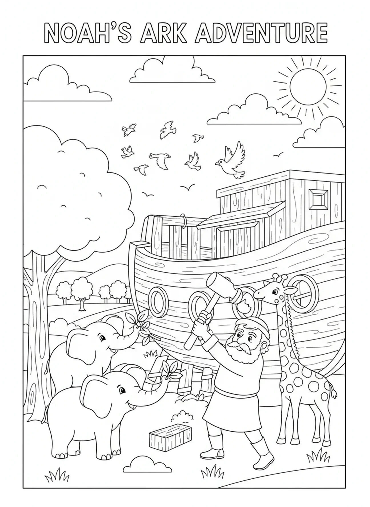 Noah hammering wood, Love coloring page for kids age 5-10