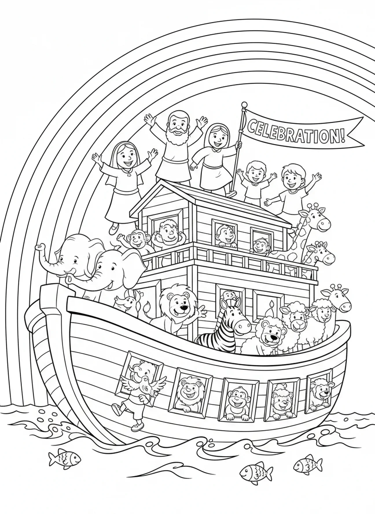 Noah and rainbow, Love coloring page for kids age 5-10