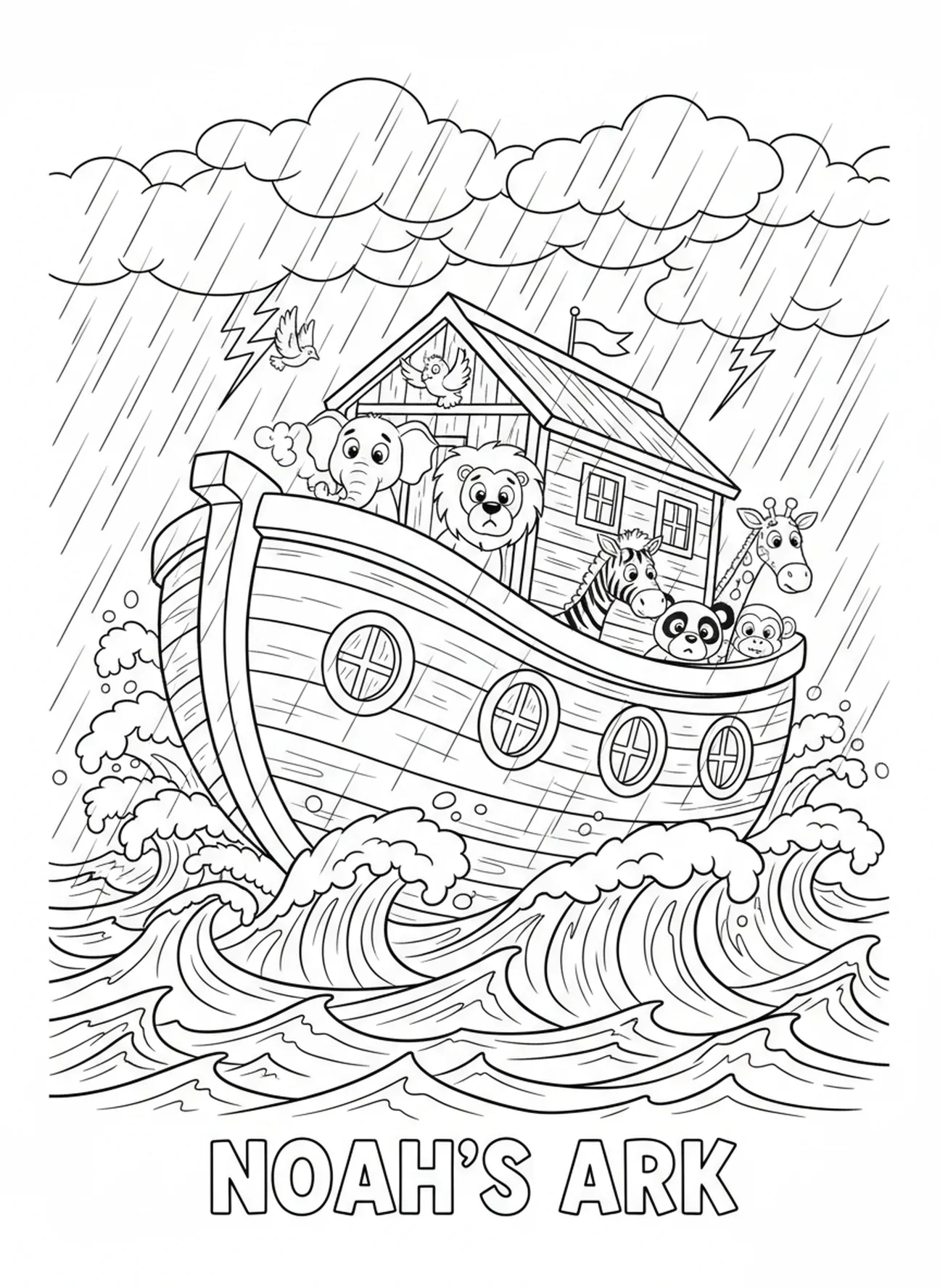 Noah's Ark on stormy sea, Love coloring page for kids age 5-10