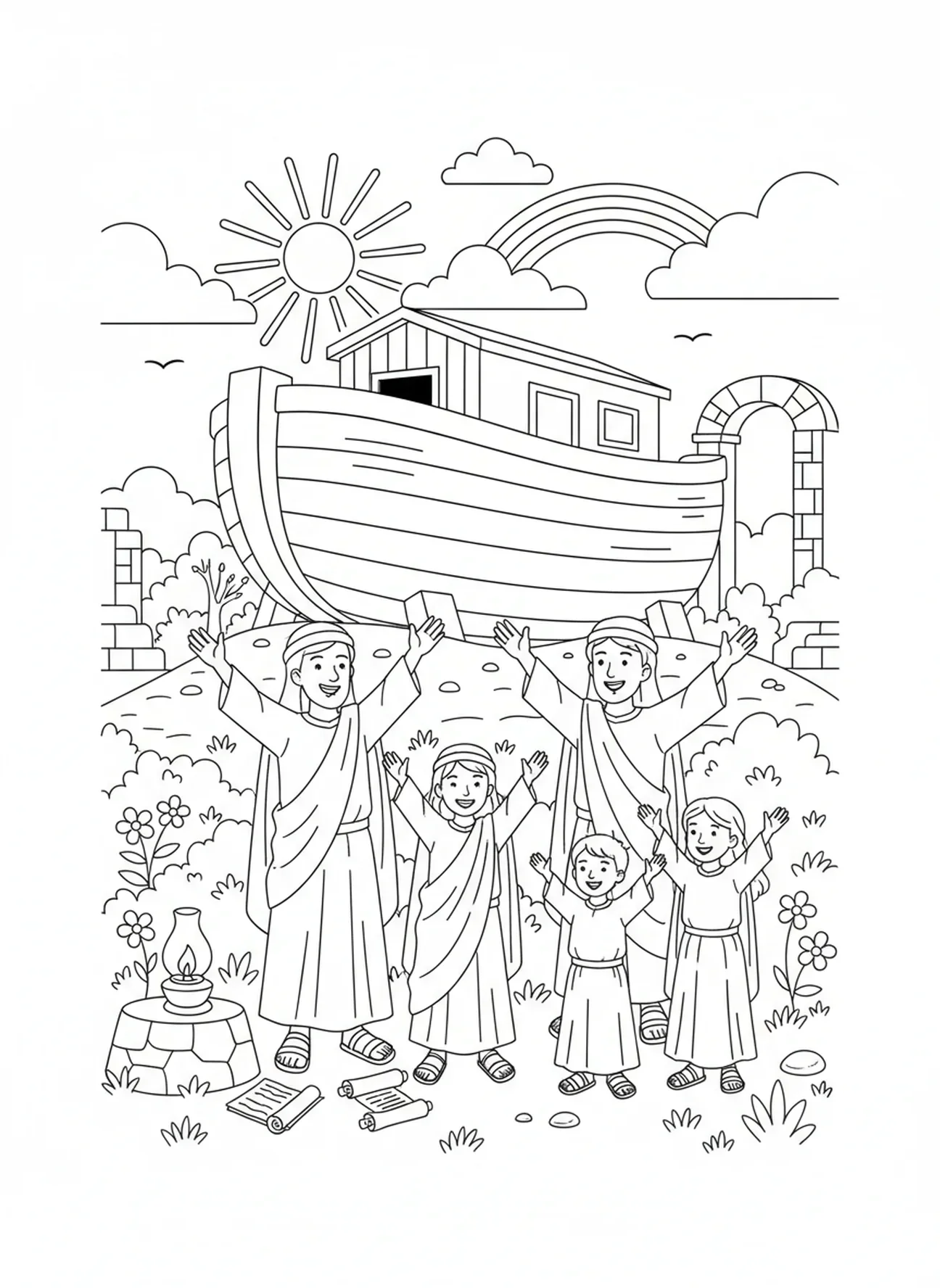 Noah und seine Familie feiern, Ausmalbild für Sonntagsschulkinder im Alter von 5-12 Jahren