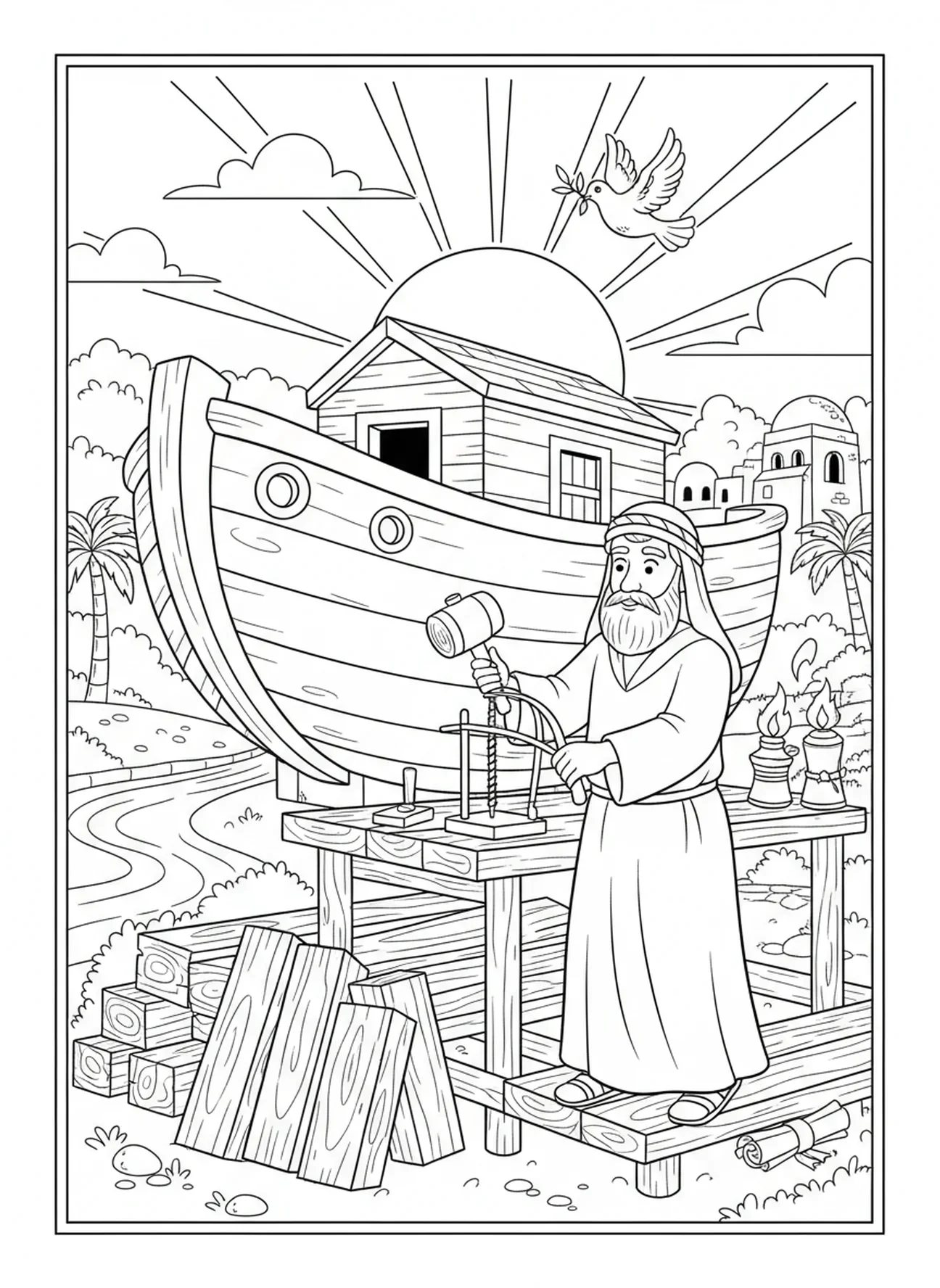 Noah baut die Arche, Ausmalbild für Sonntagsschulkinder im Alter von 5-12 Jahren
