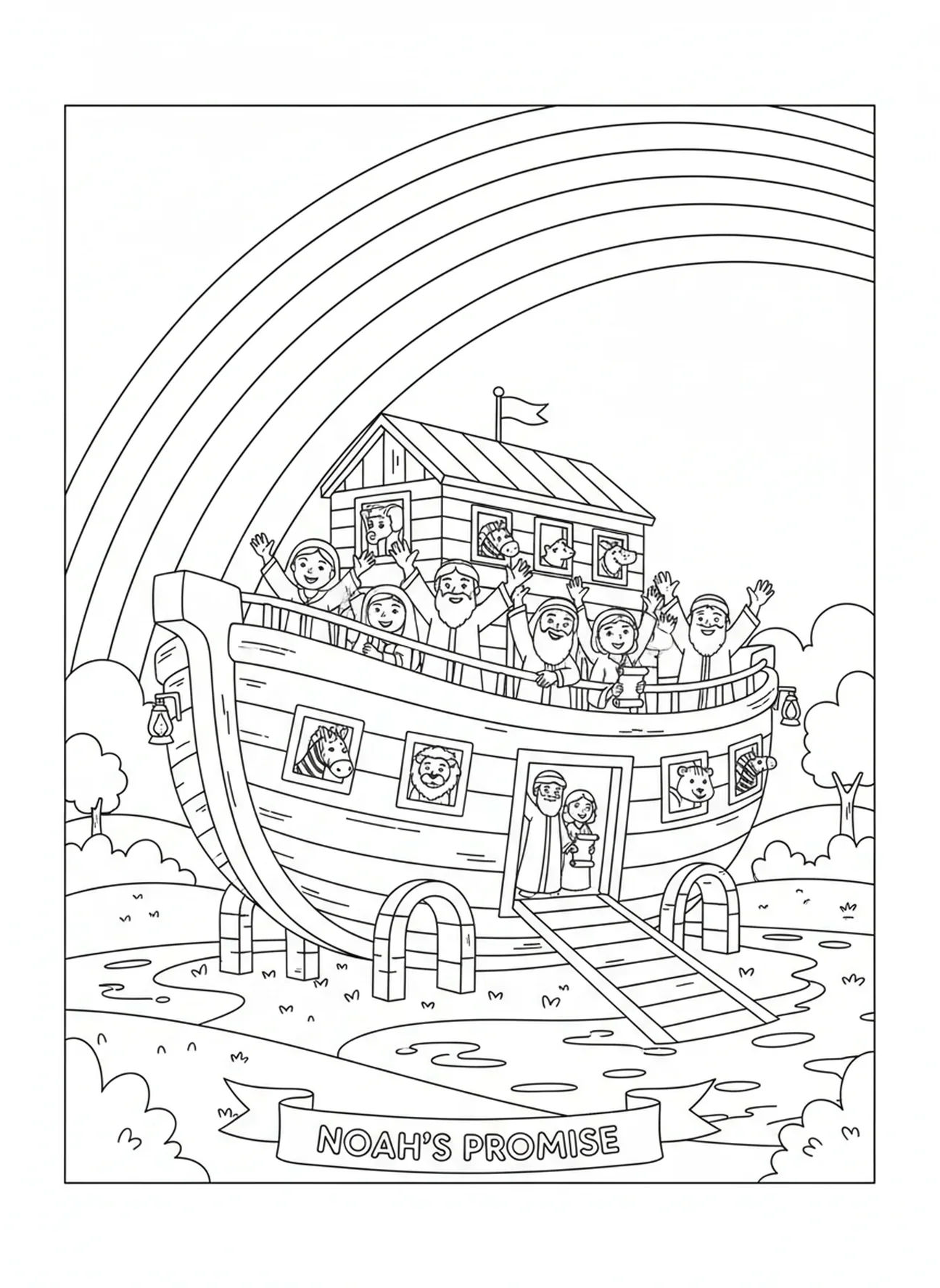 Regenbogen über der Arche, Ausmalbild über die Liebe für Kinder in der Sonntagsschule im Alter von 5-12 Jahren