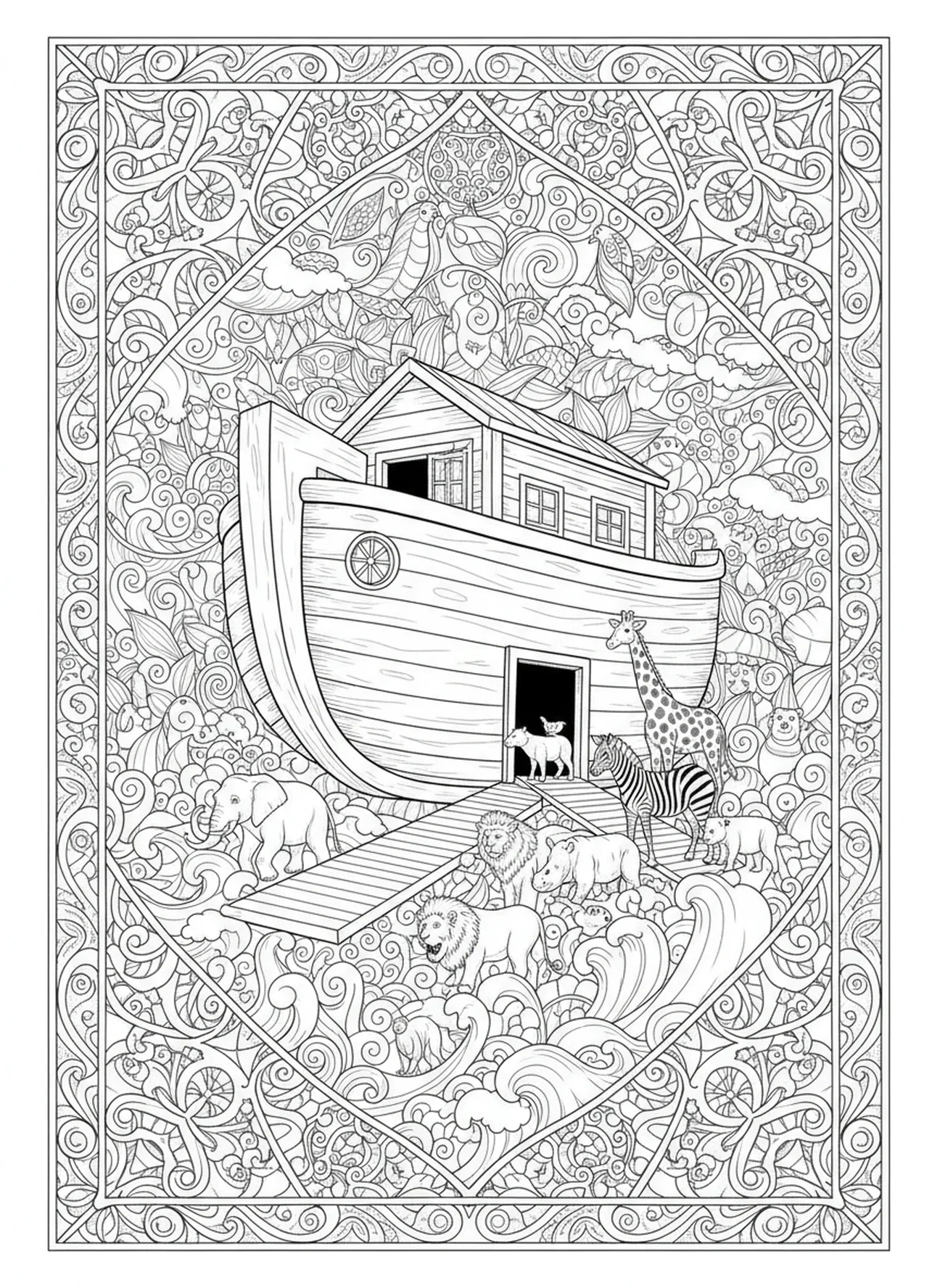 Casais de animais entrando na arca, página de colorir Mandala Bíblica para adultos no estilo de journaling bíblico.