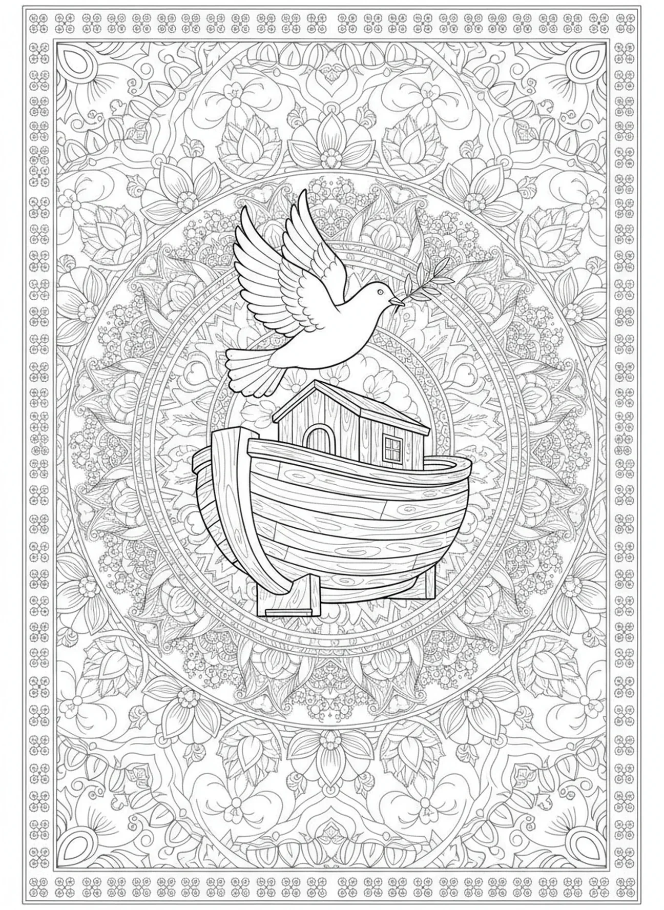 Pomba carregando um ramo de oliveira, página de colorir Mandala bíblica para adultos no estilo de journaling bíblico.