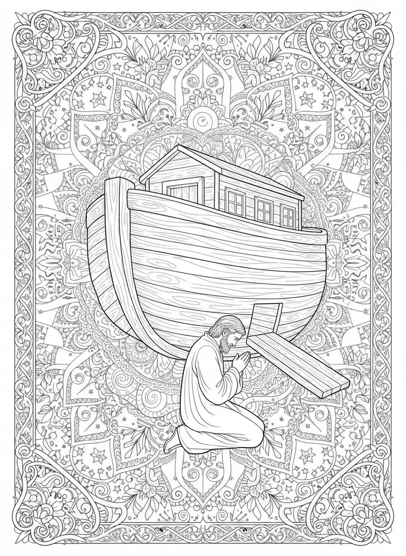Noé ajoelhado em oração, página de colorir Mandala Bíblica para adultos no estilo de journaling bíblico.