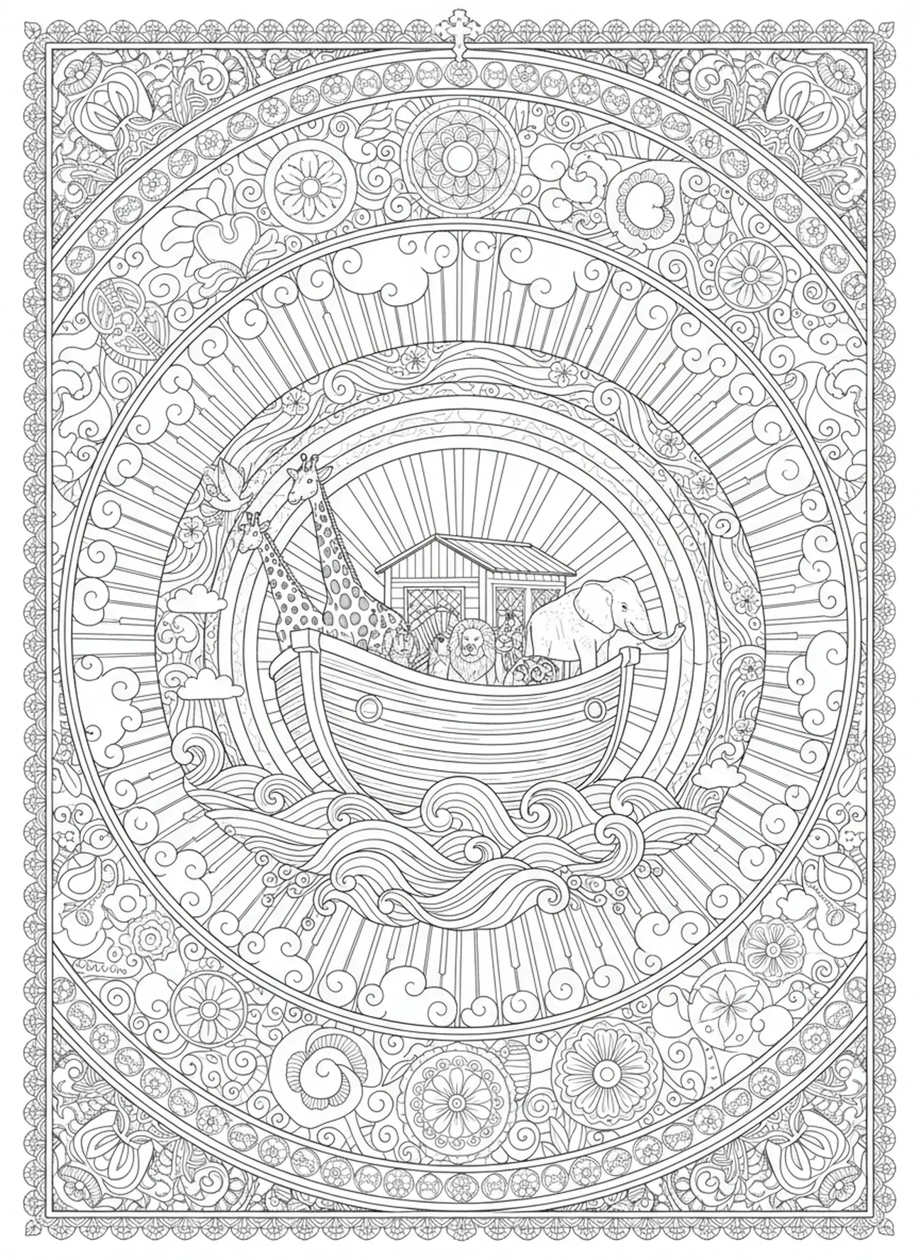 Arco-íris sobre a arca, página de colorir Mandala da Bíblia para adultos no estilo de journaling bíblico.