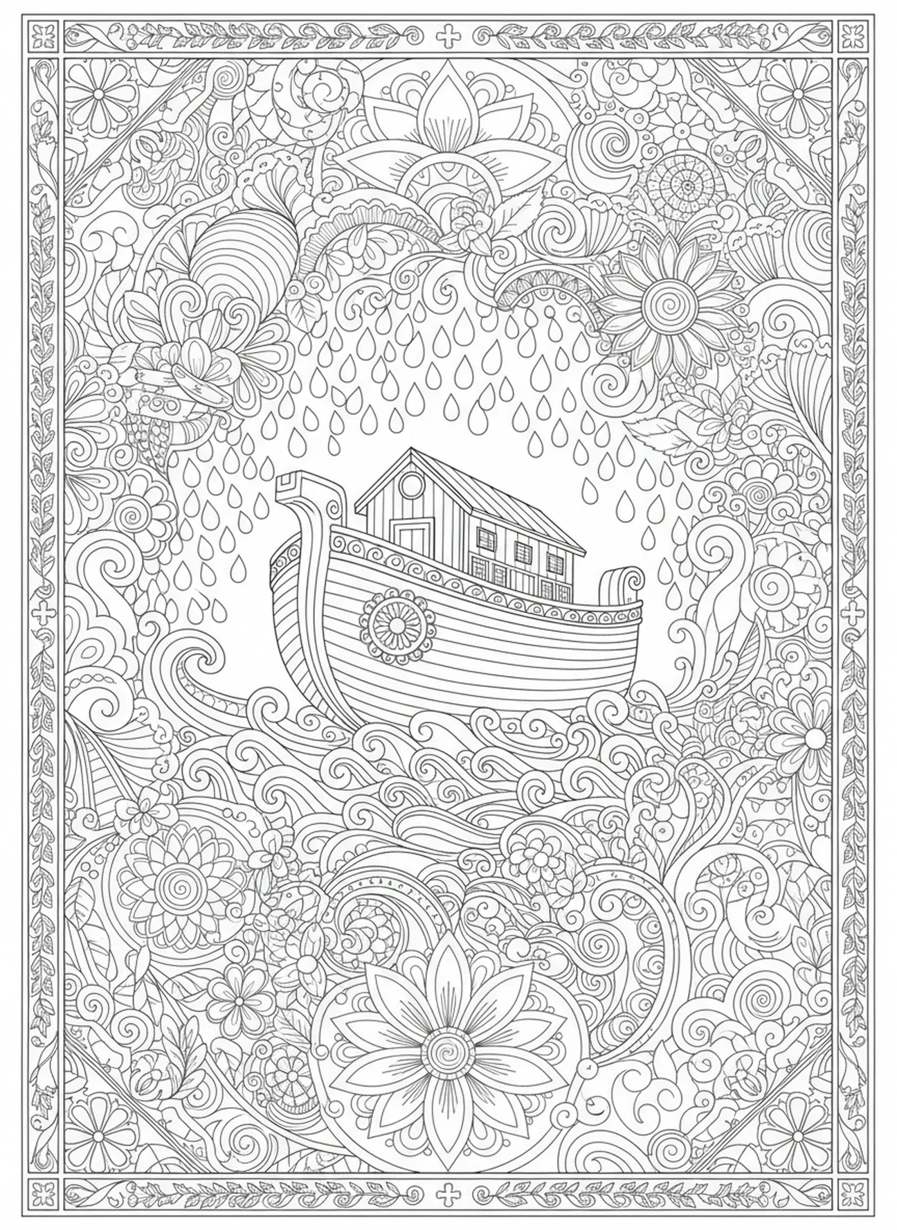 A arca flutuando em águas crescentes, página de colorir Mandala da Bíblia para adultos no estilo de journaling bíblico.