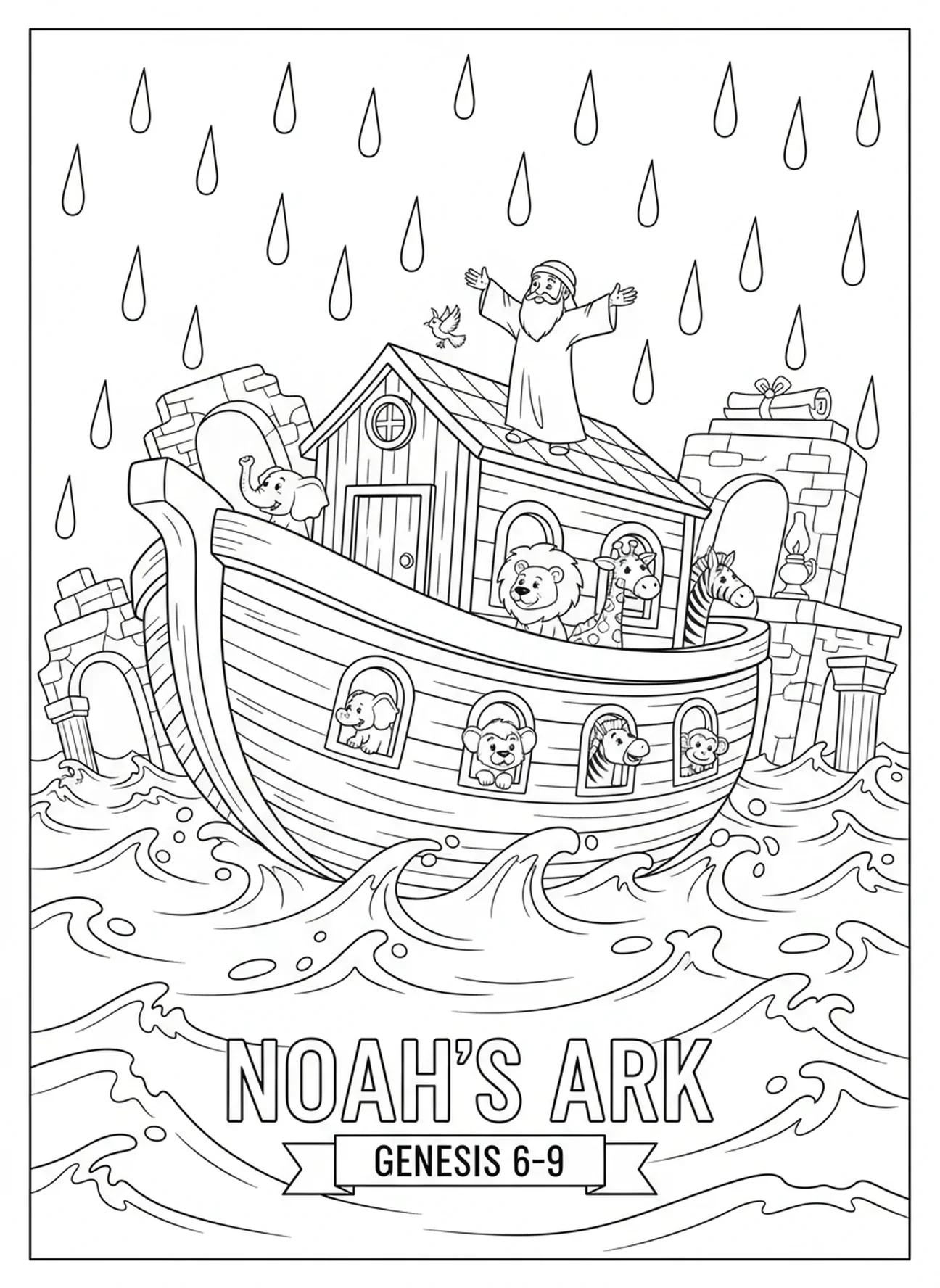 El arca de Noé flotando sobre las aguas del diluvio, página para colorear Mandala Bíblica para niños de Escuela Dominical de 5 a 12 años
