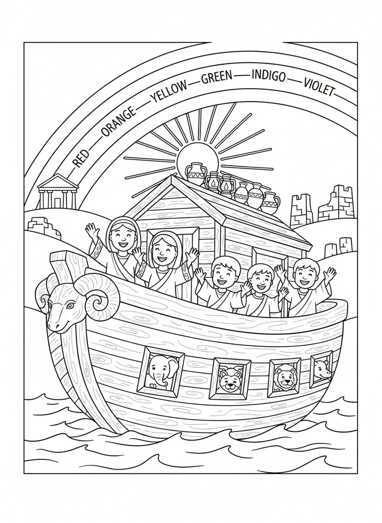 Arcoíris sobre el arca de Noé, página para colorear Mandala Bíblica para niños de Escuela Dominical de 5 a 12 años