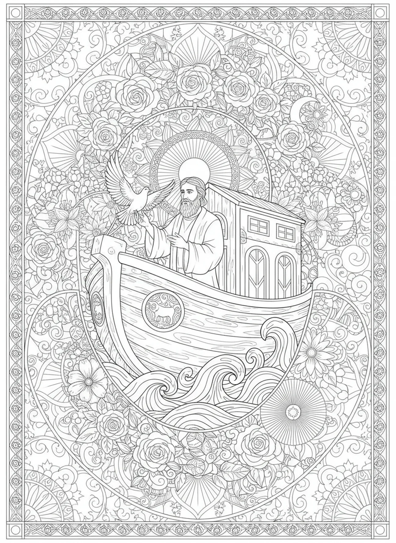 Noe wypuszczający gołębicę, mandala do kolorowania w stylu biblijnym dla dorosłych.
