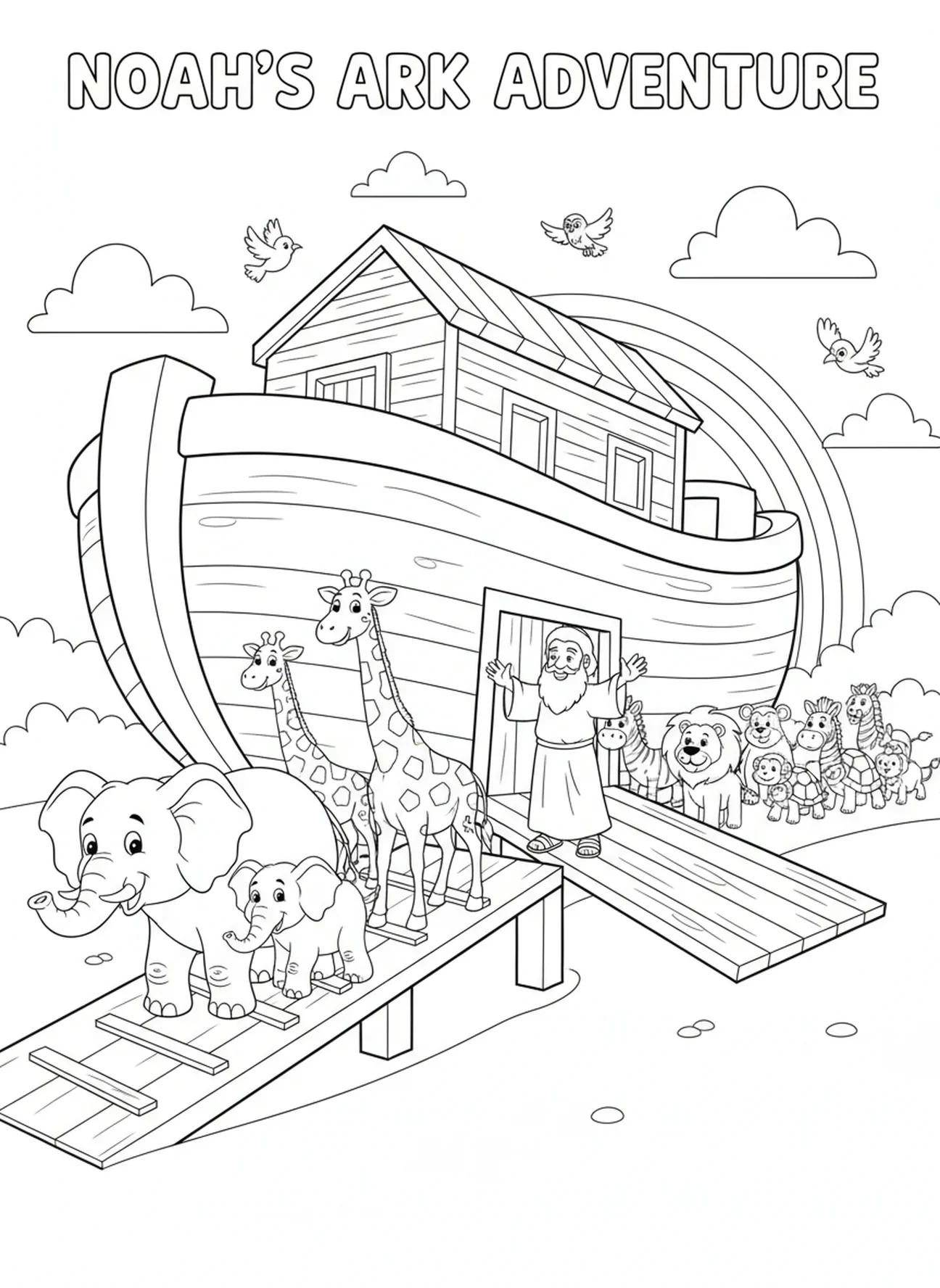 Elefanten und Giraffen steigen in die Arche, Christliches Mandala Ausmalbild für Kinder im Alter von 5-10 Jahren