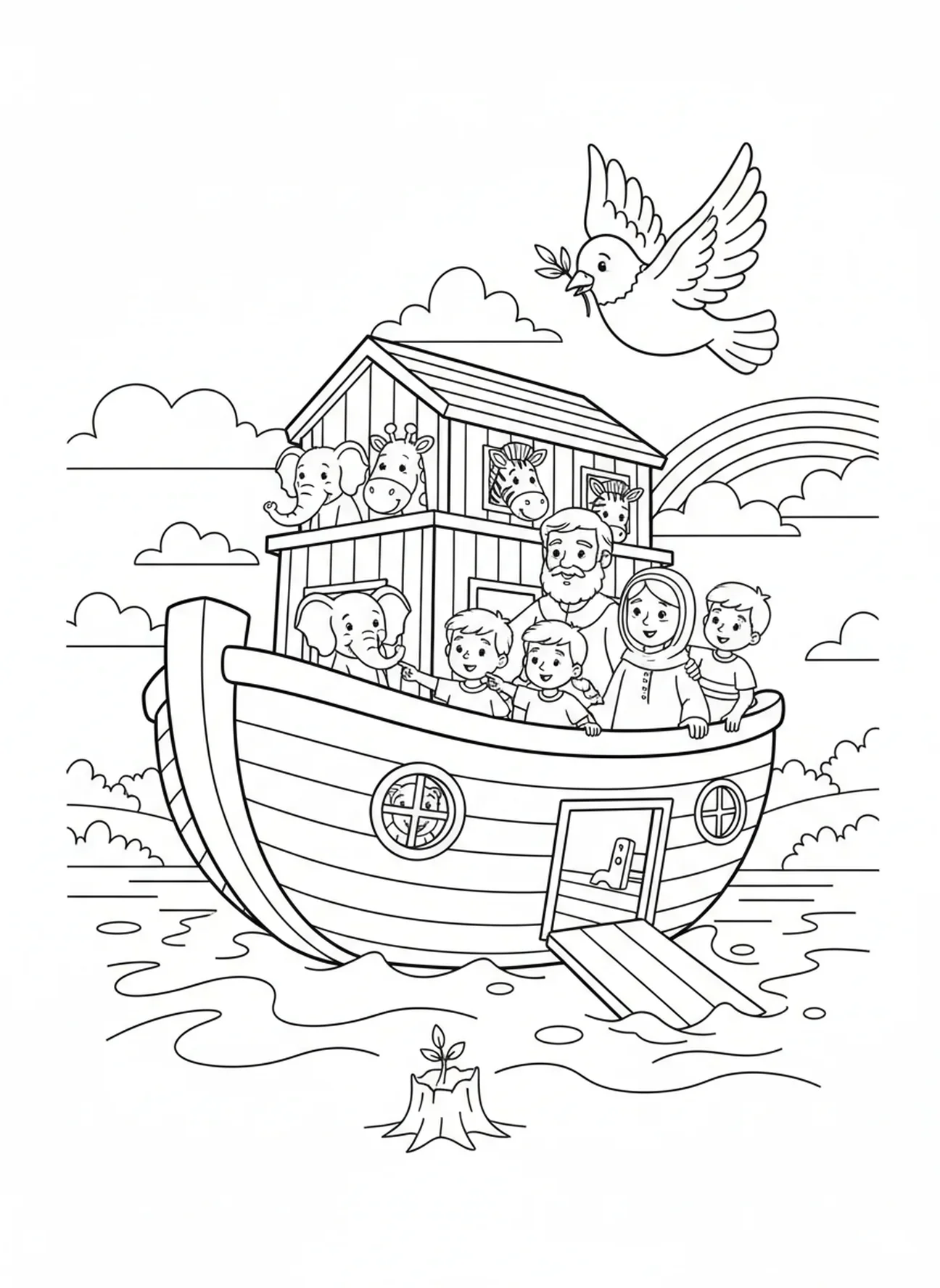 Taube mit Olivenzweig kehrt zurück, Christliches Mandala Ausmalbild für Kinder im Alter von 5-10 Jahren