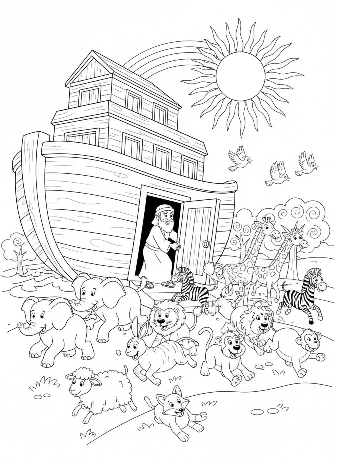 Noah lässt die Tiere aus der Arche, Christliches Mandala Ausmalbild für Kinder im Alter von 5-10 Jahren