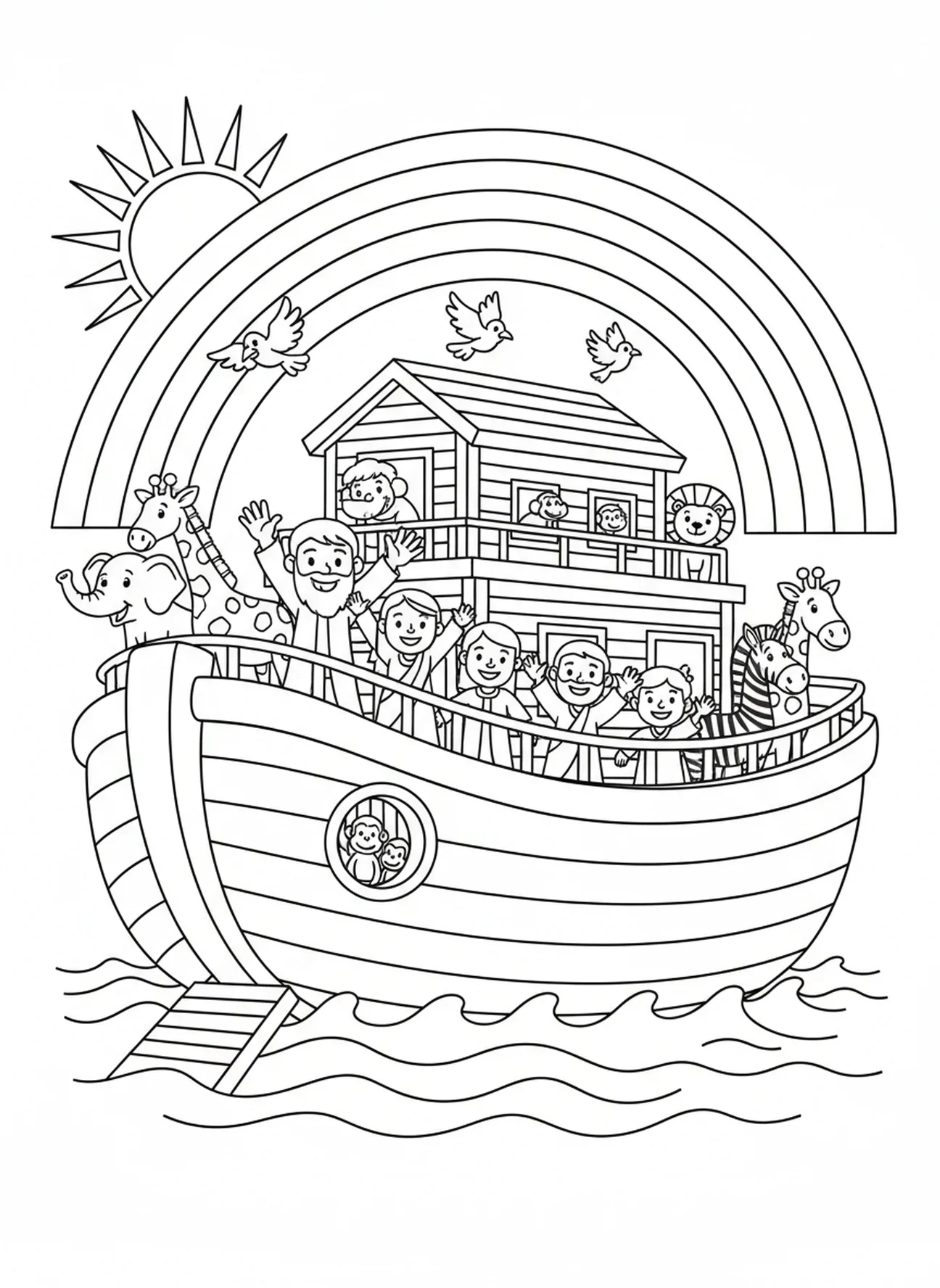 Regenbogen über der Arche, Christliches Mandala Ausmalbild für Kinder im Alter von 5-10 Jahren