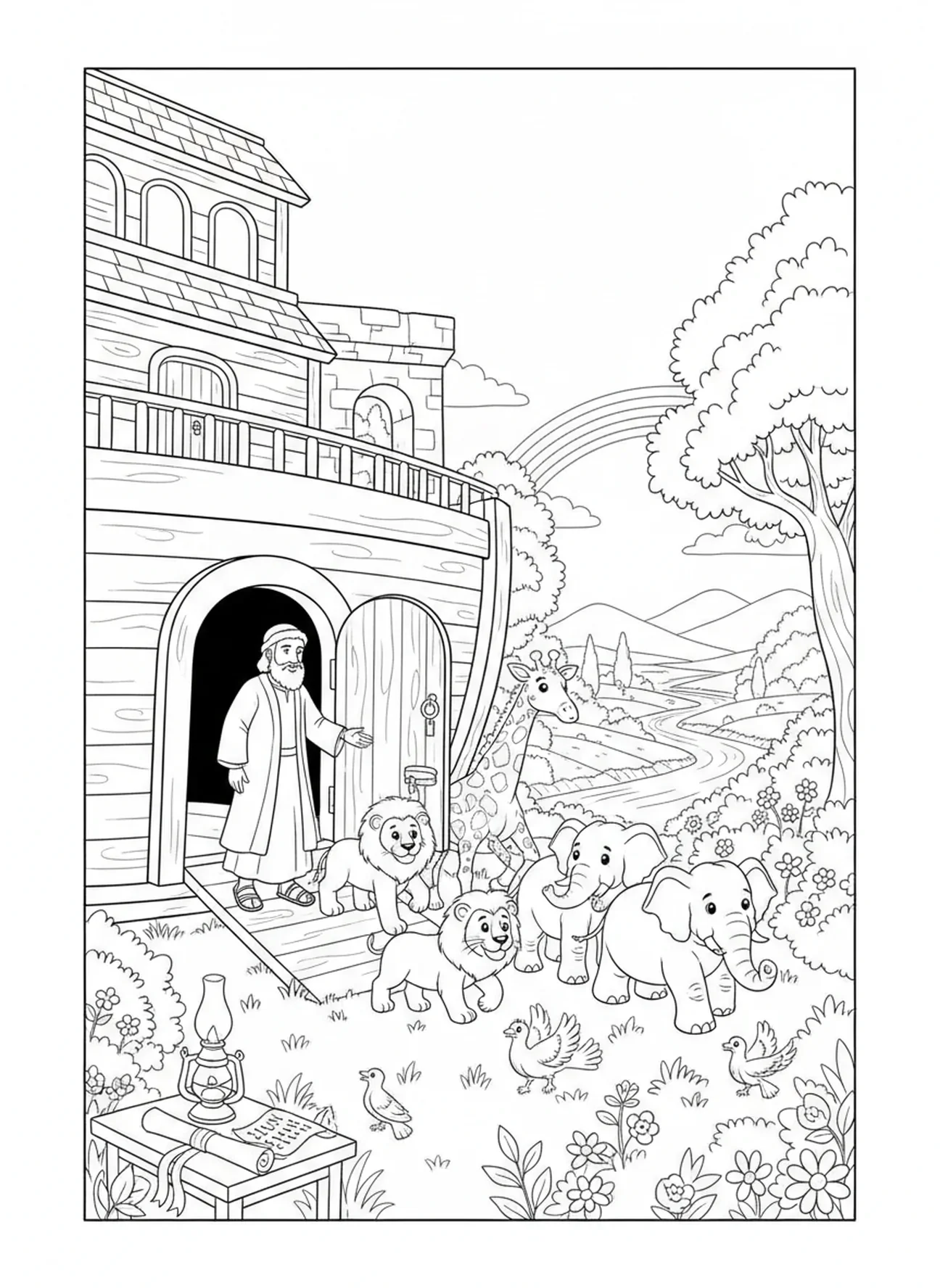 Noah lässt Tiere frei, Christliches Mandala Ausmalbild für Sonntagsschulkinder im Alter von 5-12 Jahren