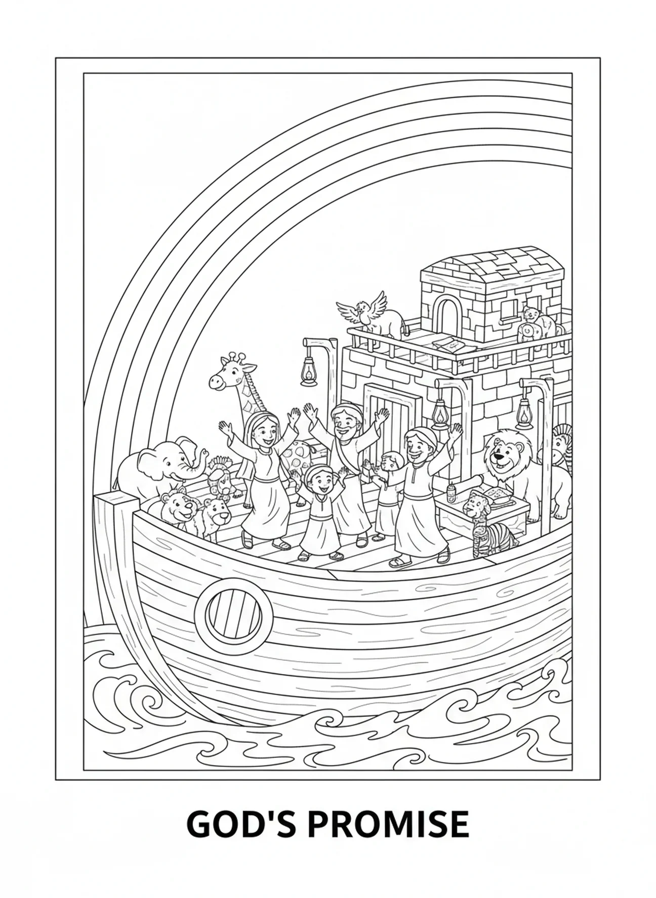 Regenbogen über der Arche, christliche Mandala Ausmalbild für Sonntagsschulkinder im Alter von 5-12 Jahren