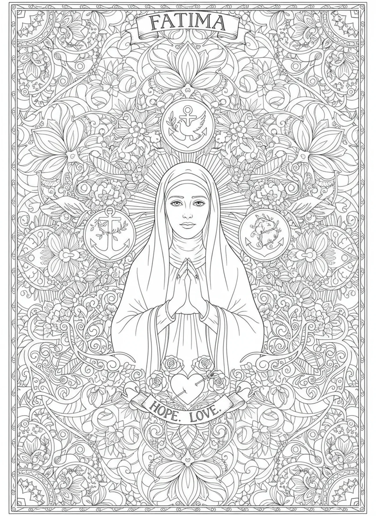 Symboles de l'héritage de Fatima, page à colorier Fatima pour le journaling biblique pour adultes