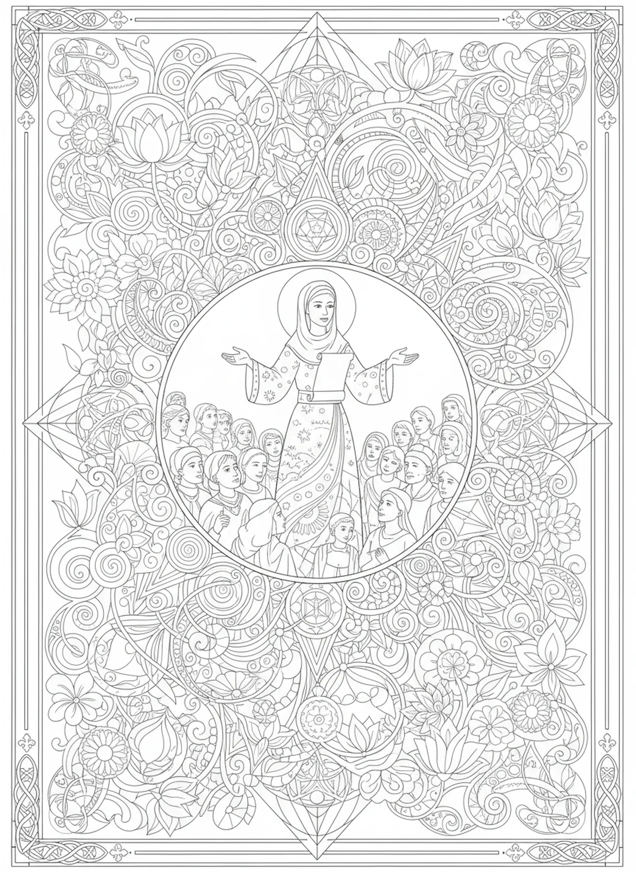 Fatima partageant son message, page à colorier Fatima pour le journal biblique style adulte