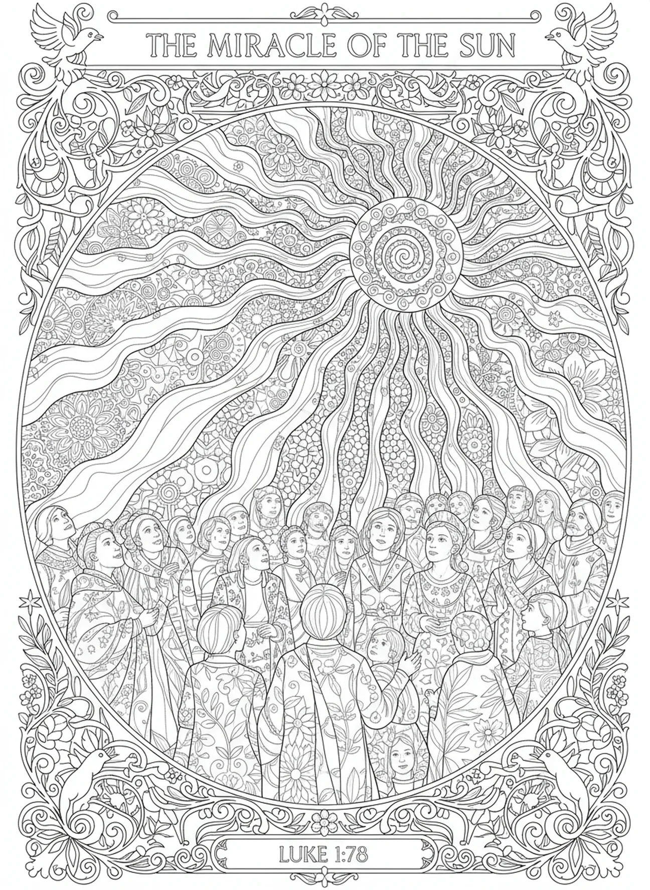 Miracle du Soleil, page à colorier de Fatima pour adultes dans le style du journal biblique