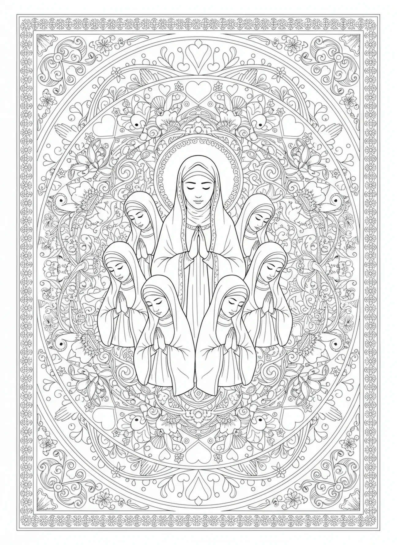 Fatima dirigeant des prières, page à colorier Fatima pour le style de journal biblique pour adultes
