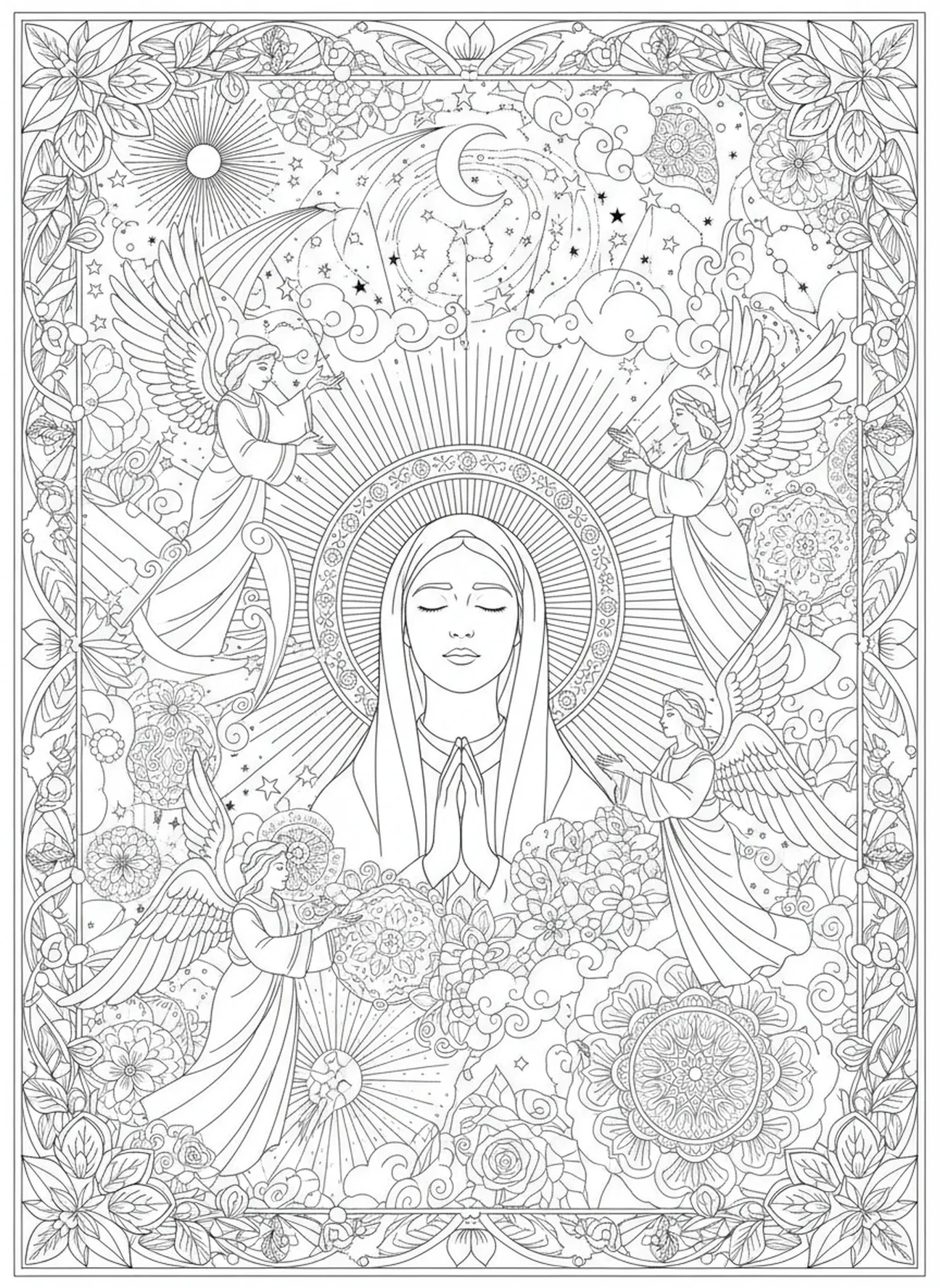 Fatima recevant une vision, page à colorier Fatima pour adultes dans le style du journal biblique