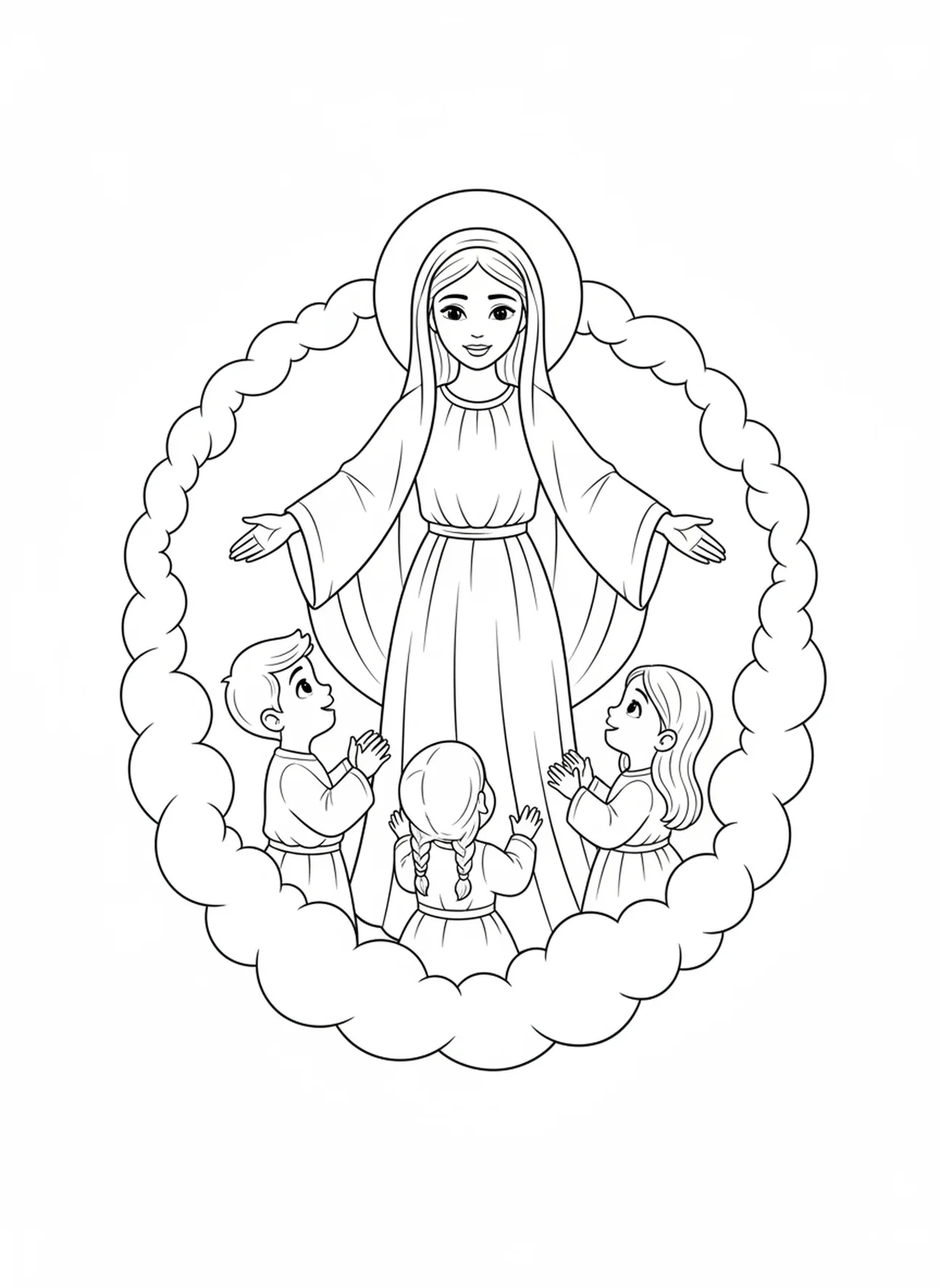 Łagodna Matka Boska, kolorowanka z Fatimy dla dzieci w wieku 5-10 lat