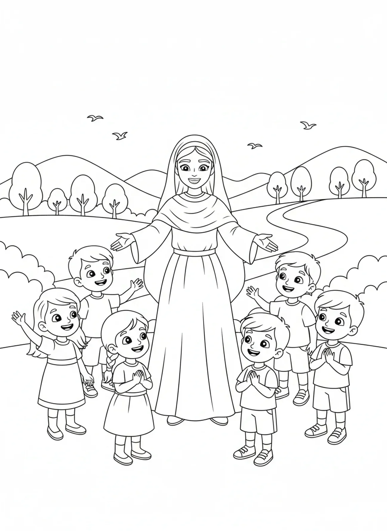 Fatima udzielająca błogosławieństwa, kolorowanka Fatima dla dzieci w wieku 5-10 lat
