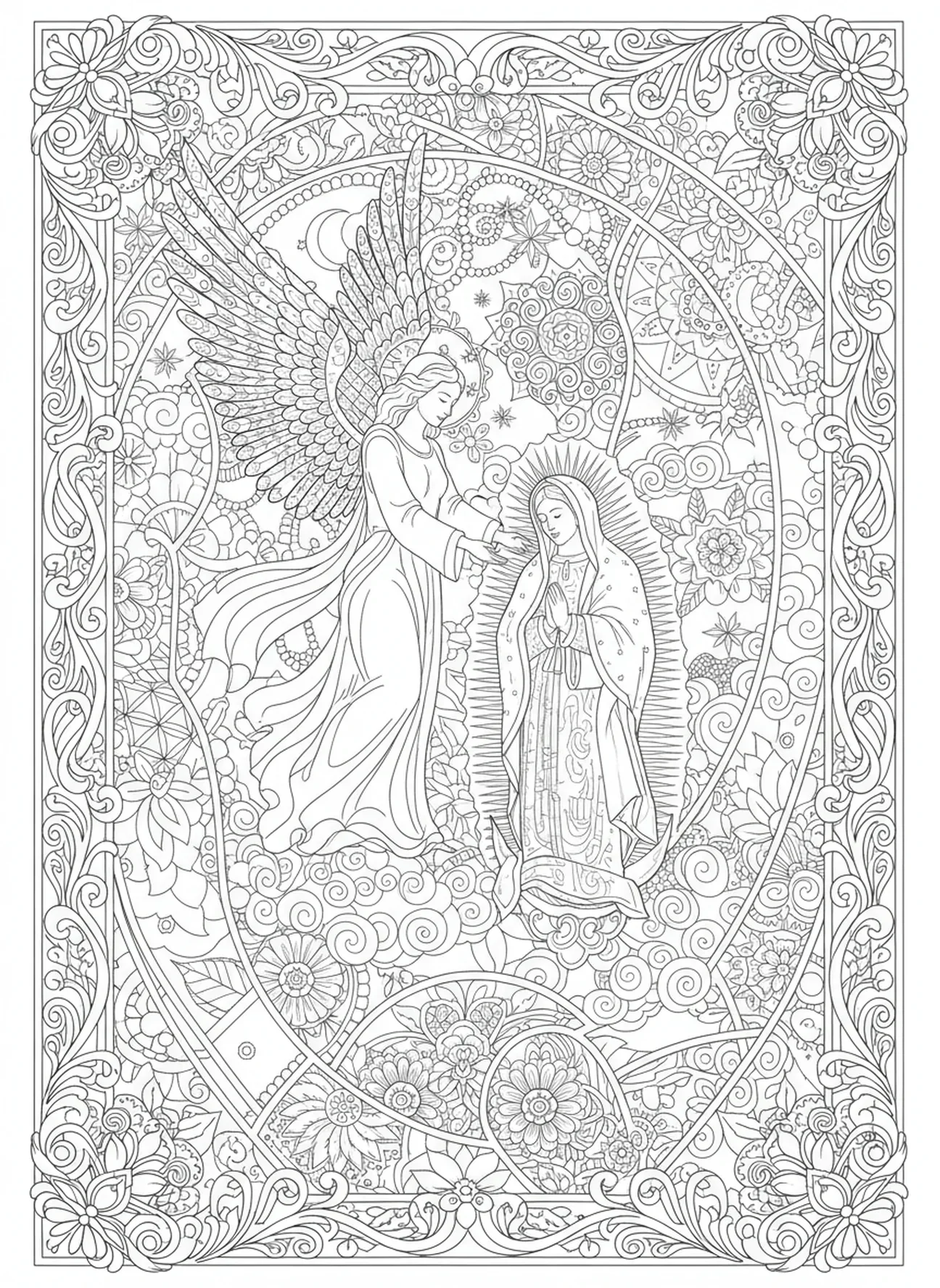 Engelsfigur, Ausmalbild von Guadalupe für Erwachsene im Stil des Bibel-Journalings.