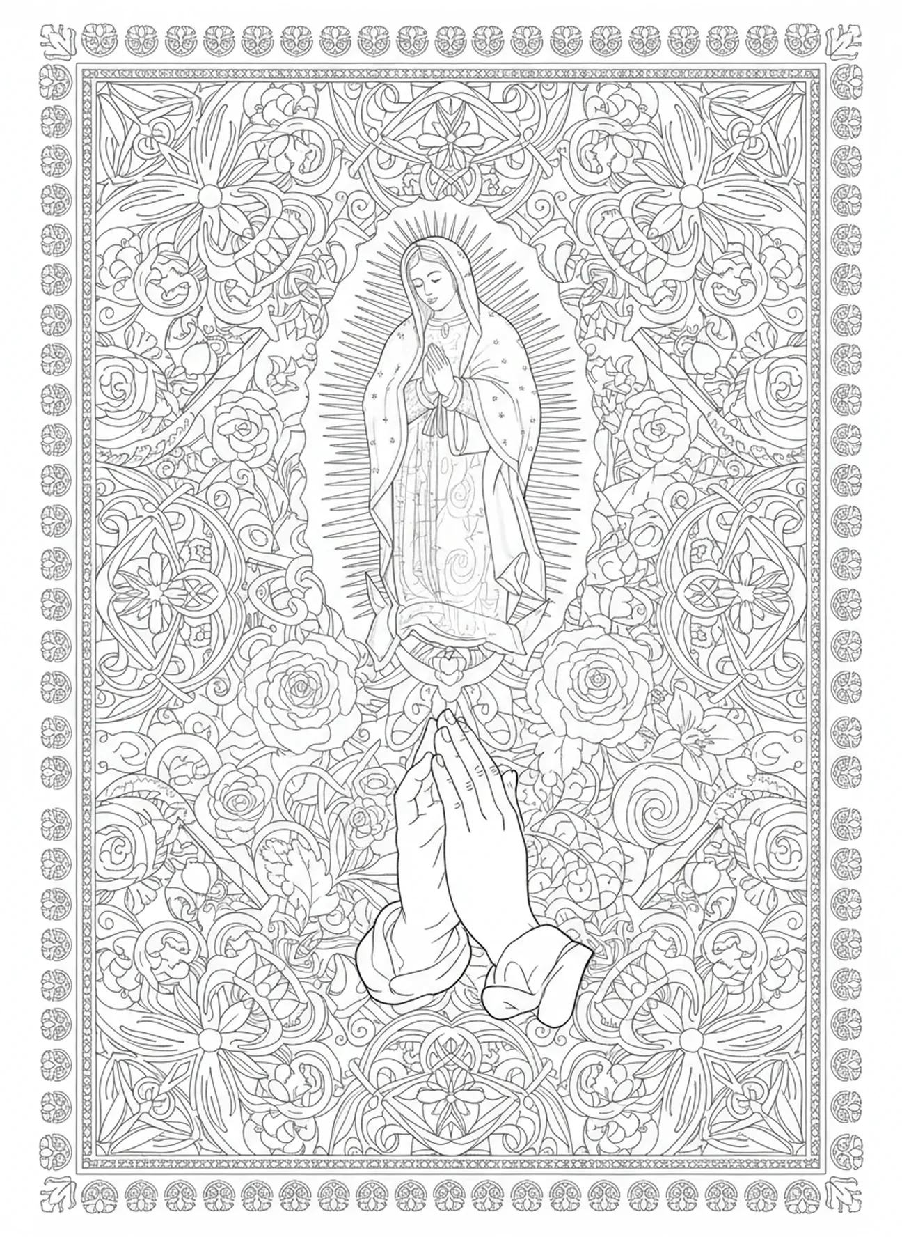 Hände im Gebet, Ausmalbild der Guadalupe für Erwachsene im Stil des Bibel-Journaling.