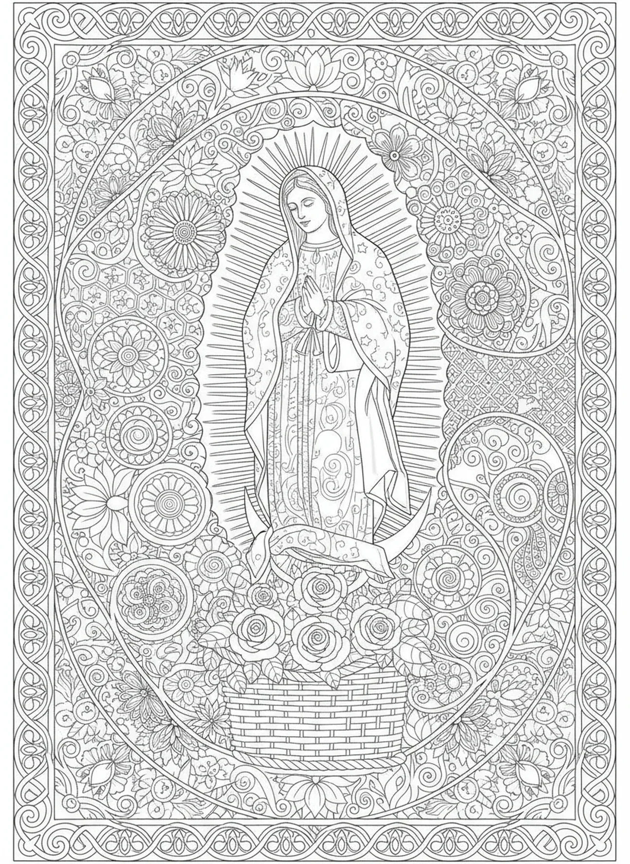 Korb mit Rosen, Ausmalbild von Guadalupe im Stil des Bibel-Journaling für Erwachsene.
