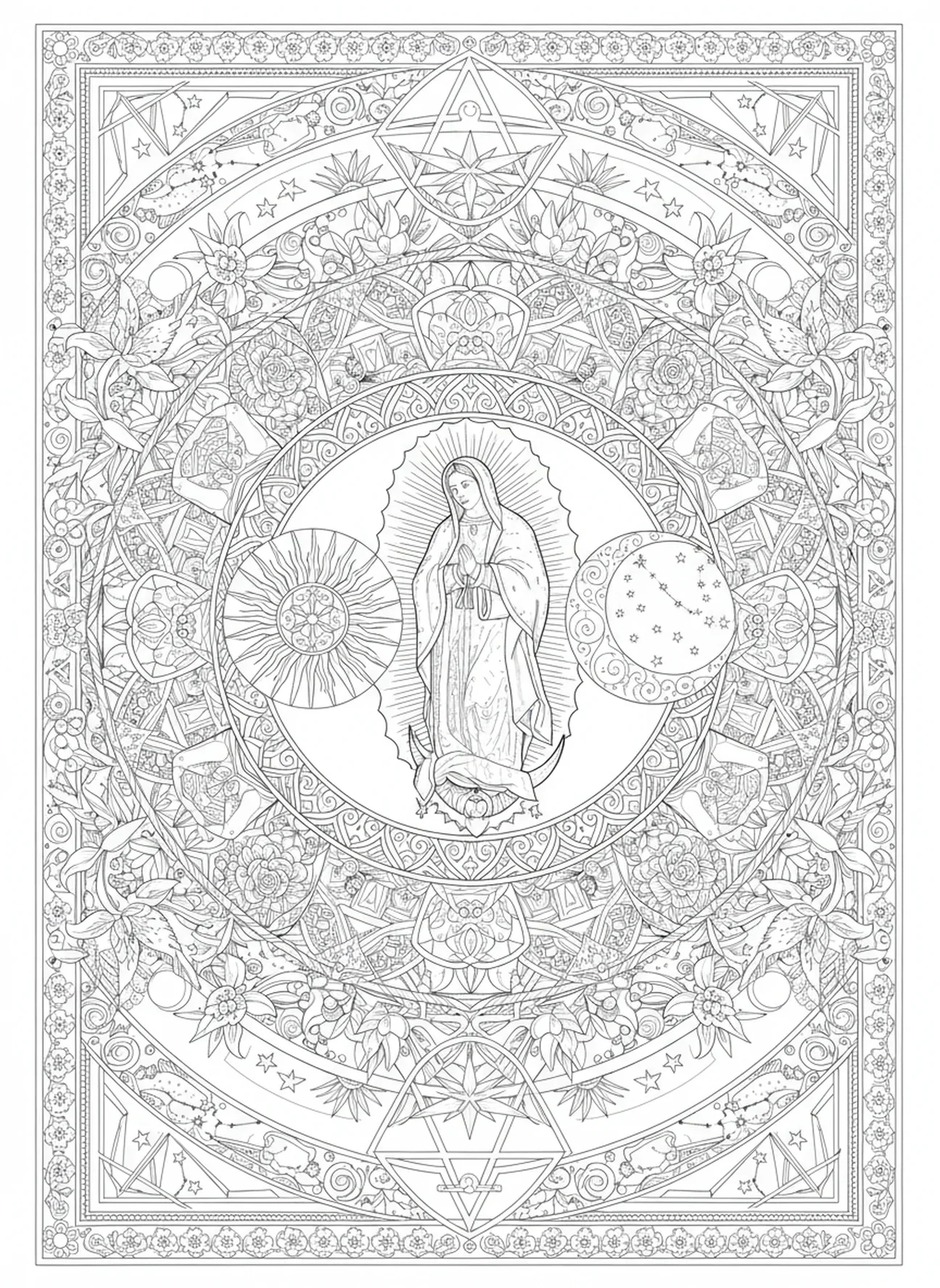 Sonnen- und Mondsymbole, Ausmalbild von Guadalupe im Stil des Bibel-Journalings für Erwachsene.