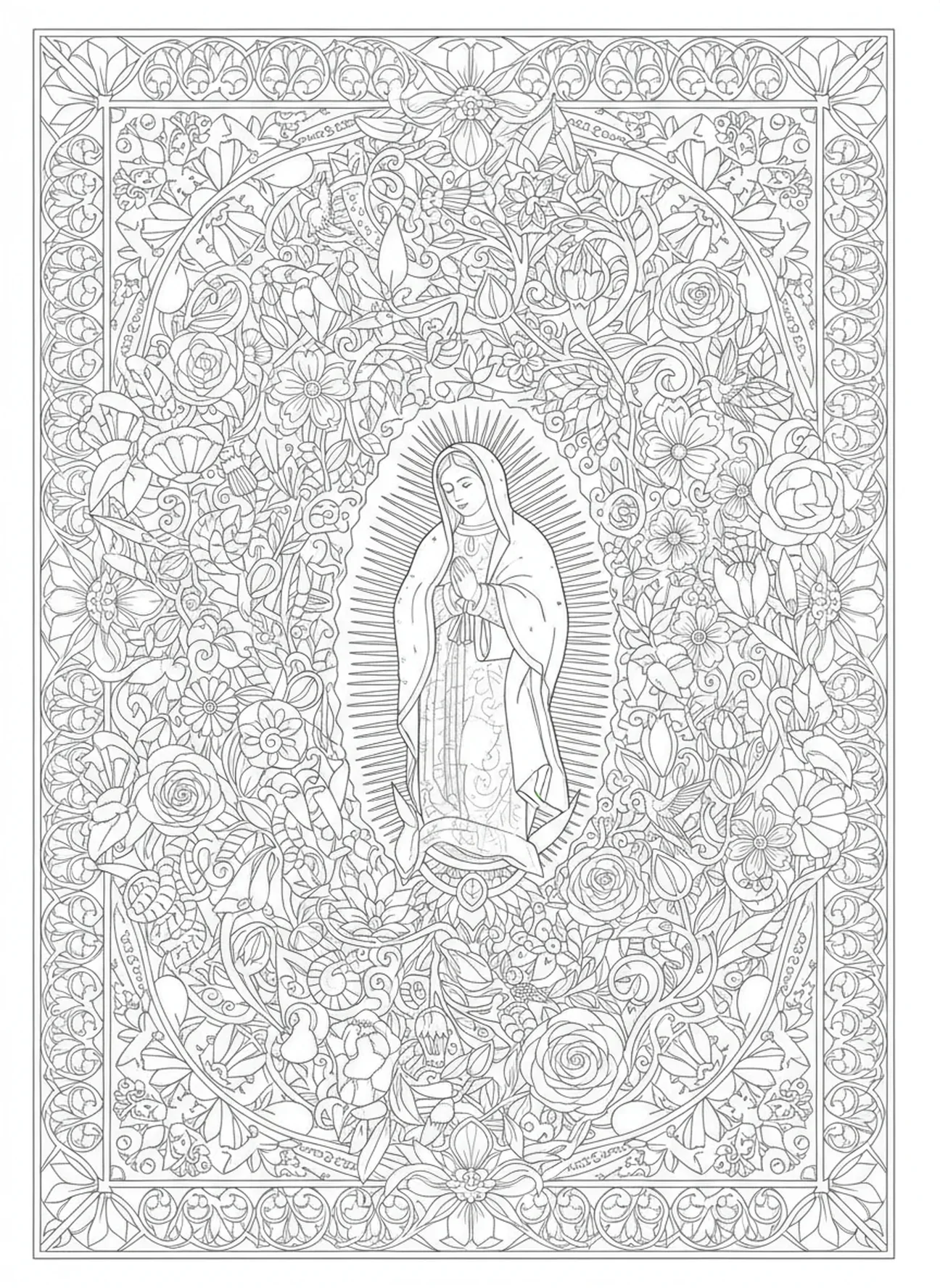 Umgebende Blumen, Ausmalbild von Guadalupe im Stil des Bibel-Journalings für Erwachsene.