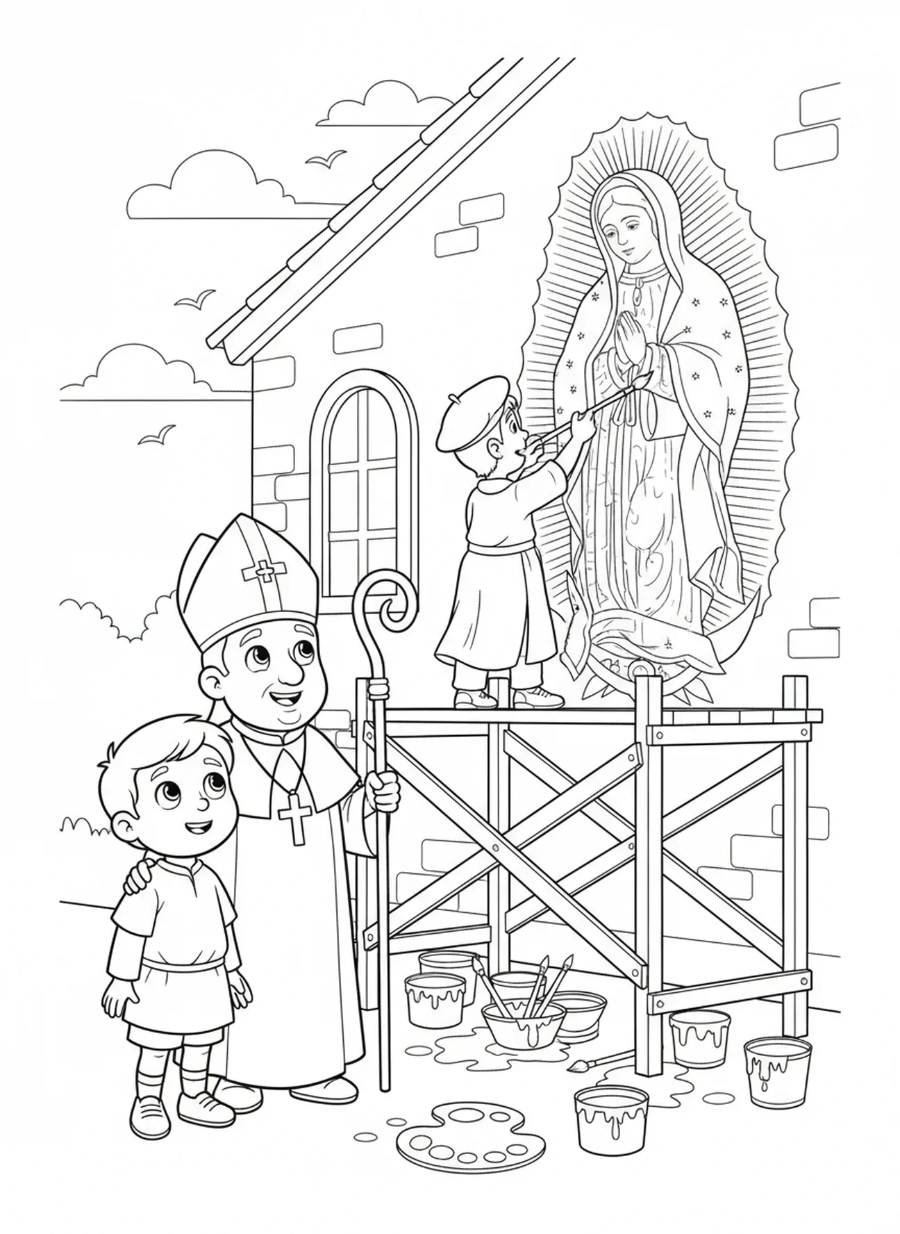Kunstenaar schildert Guadalupe muurschildering, Guadalupe kleurplaat voor kinderen van 5-10 jaar