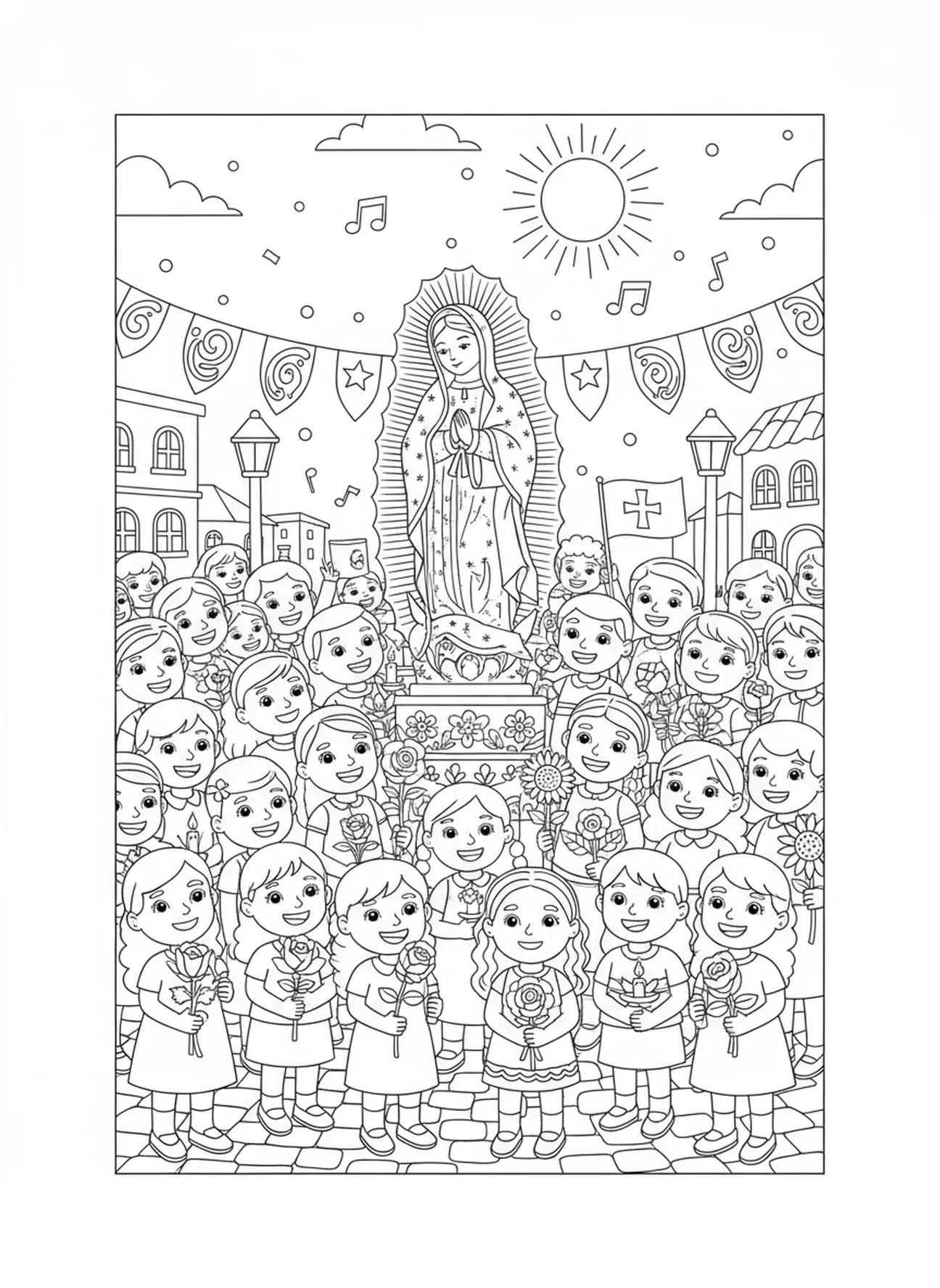 Menigte die het beeld van Guadalupe aanbidt, kleurplaat van Guadalupe voor kinderen van 5-10 jaar