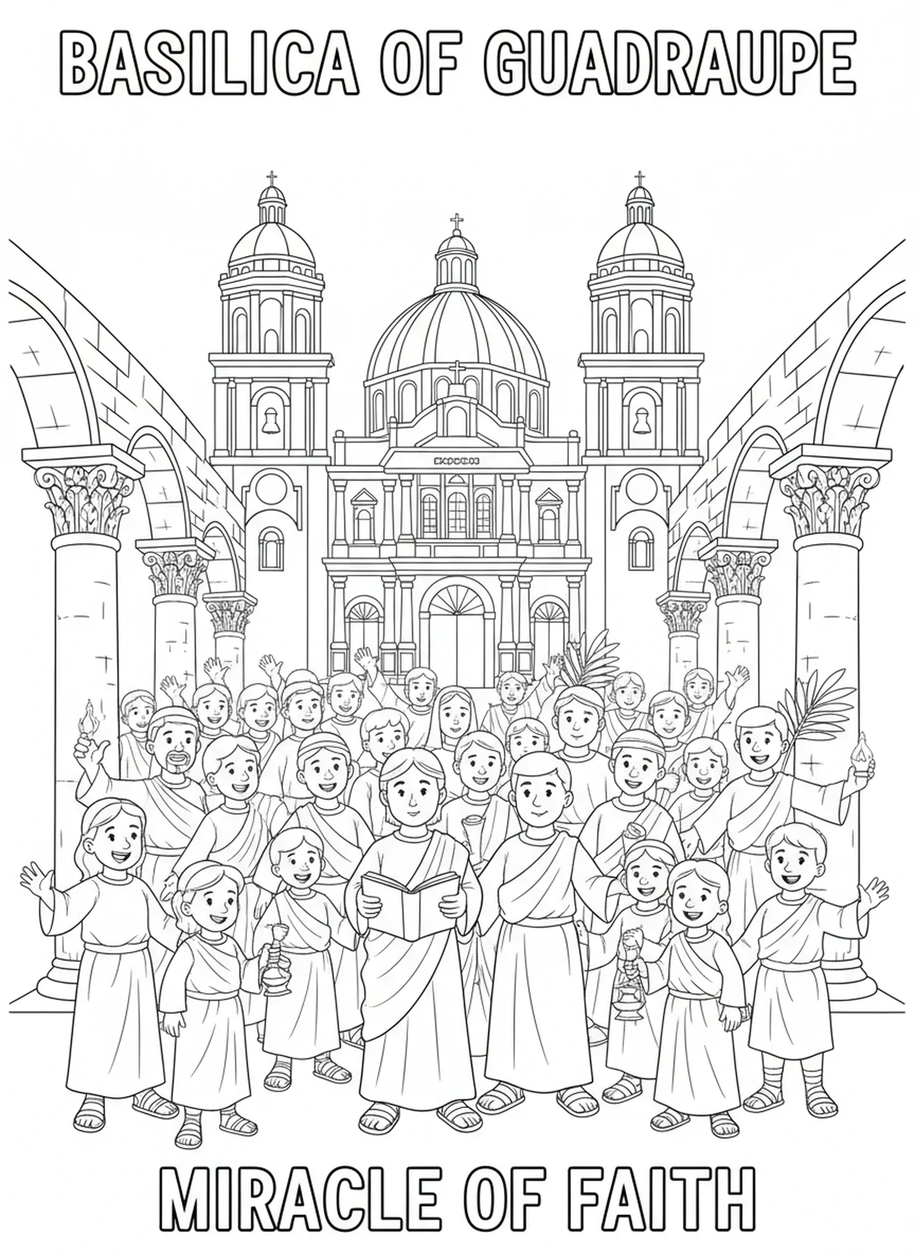 Basiliek van Guadalupe, kleurplaat van Guadalupe voor Zondagsschoolkinderen van 5-12 jaar.