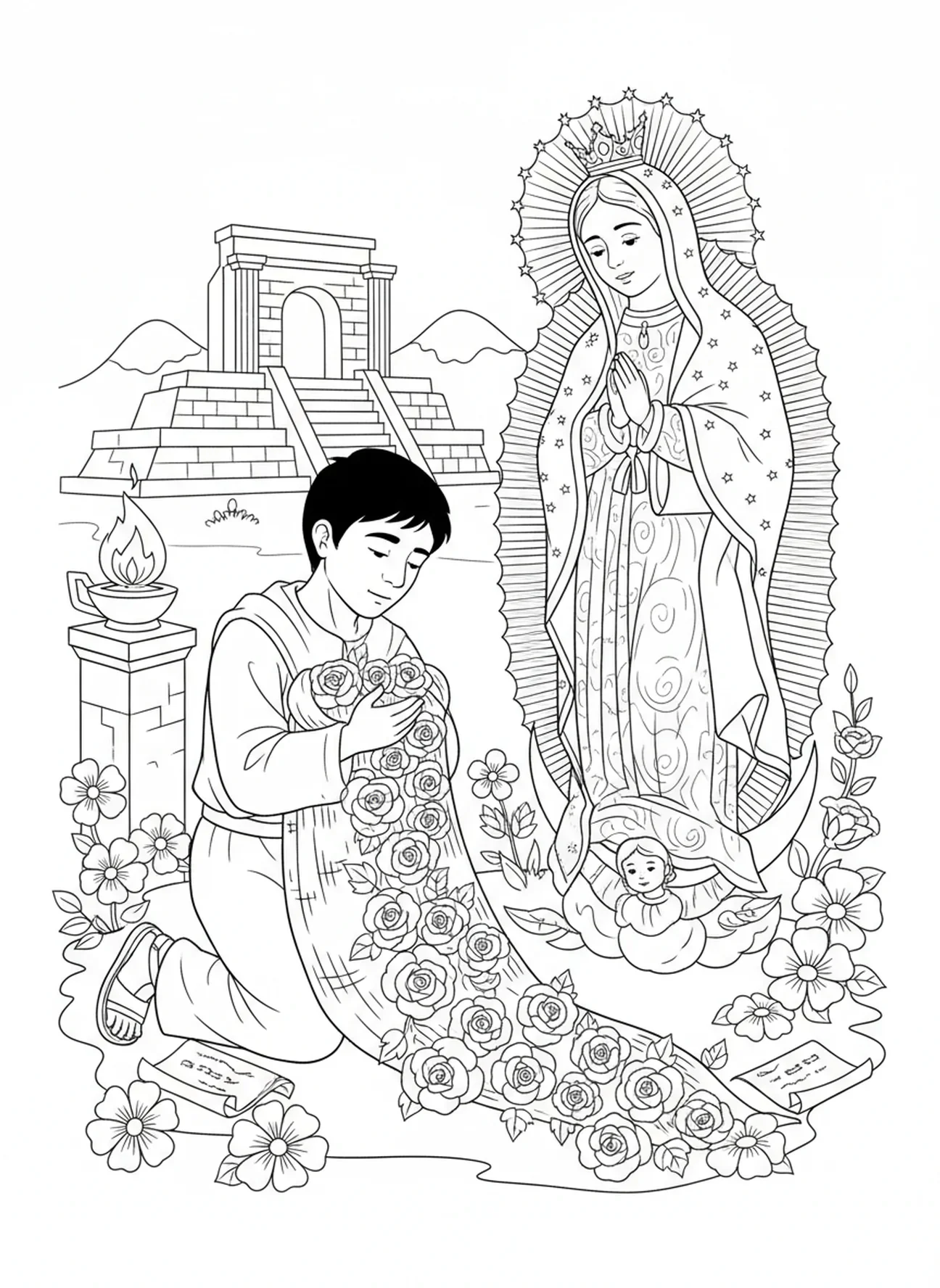 Juan Diego nadert, kleurplaat van Guadalupe voor Zondagsschoolkinderen van 5-12 jaar.