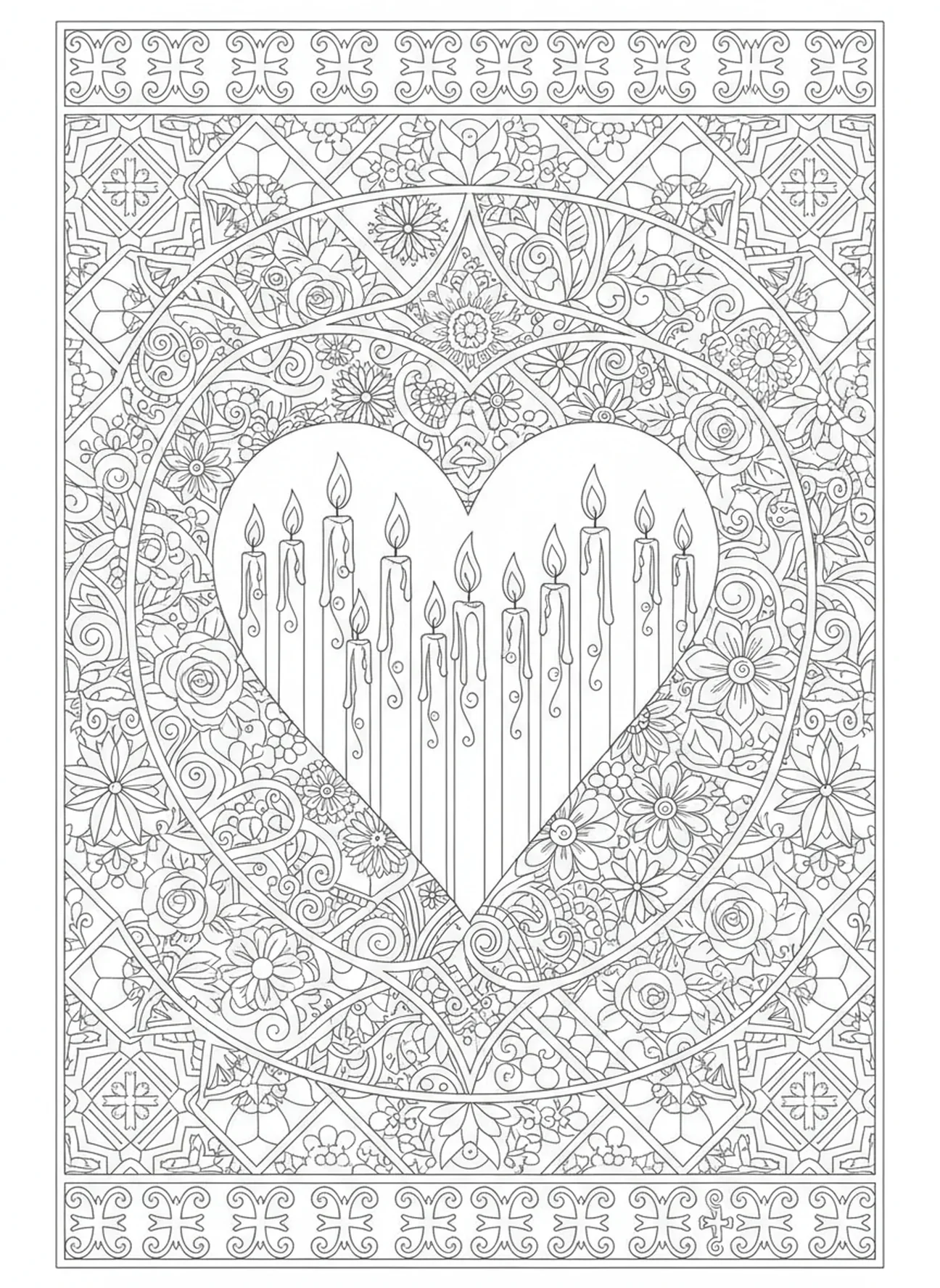 Velas acesas em forma de coração, página para colorir de Lourdes no estilo de journaling bíblico para adultos