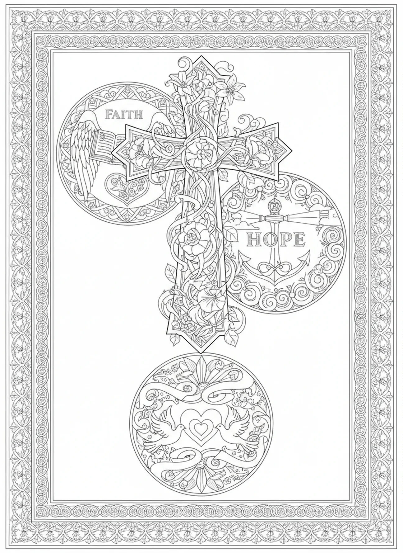 Grande cruz com desenhos florais, página de colorir de Lourdes para adultos no estilo de journaling bíblico