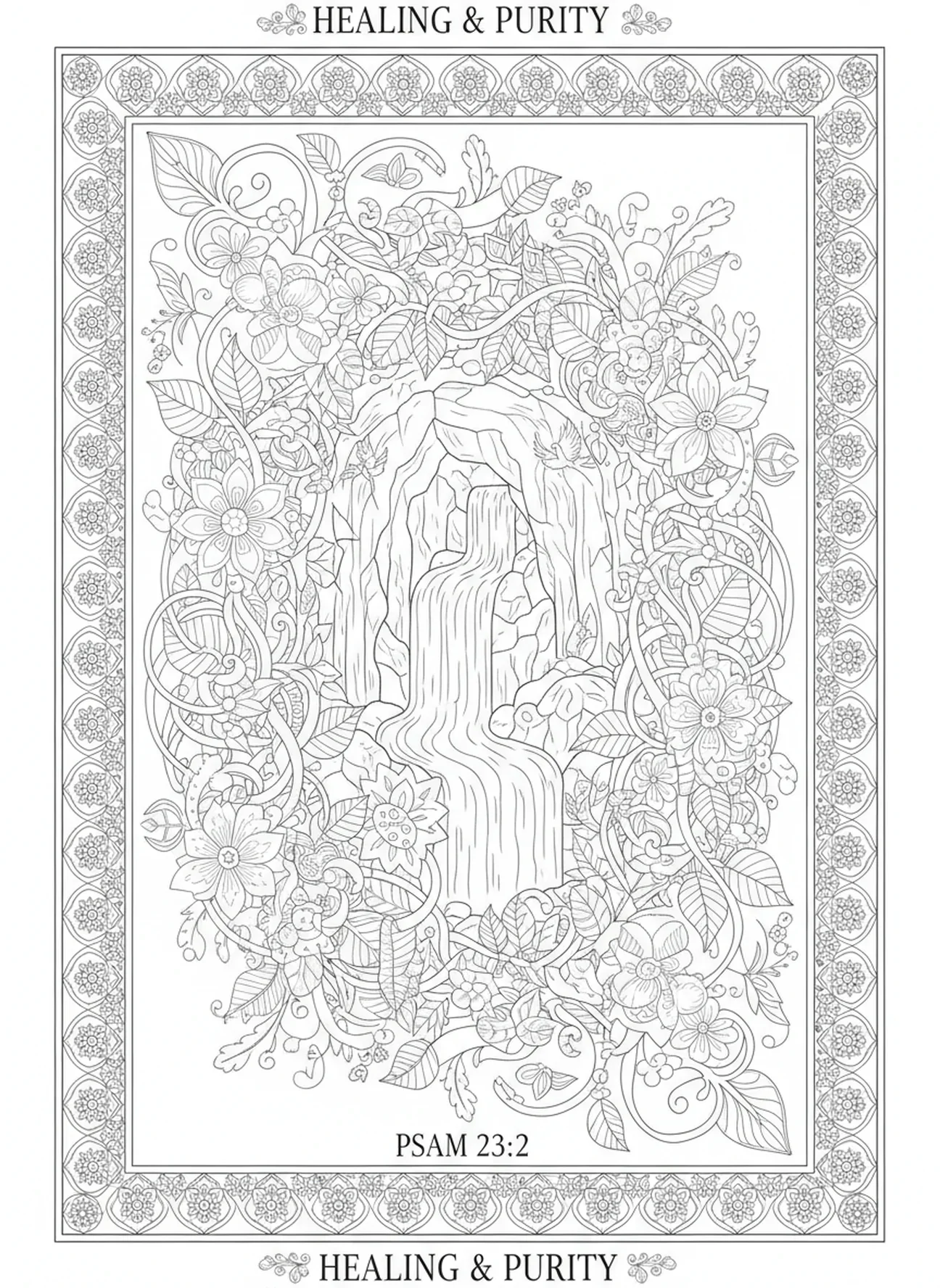Águas fluindo da gruta, página para colorir de Lourdes no estilo de journaling bíblico para adultos