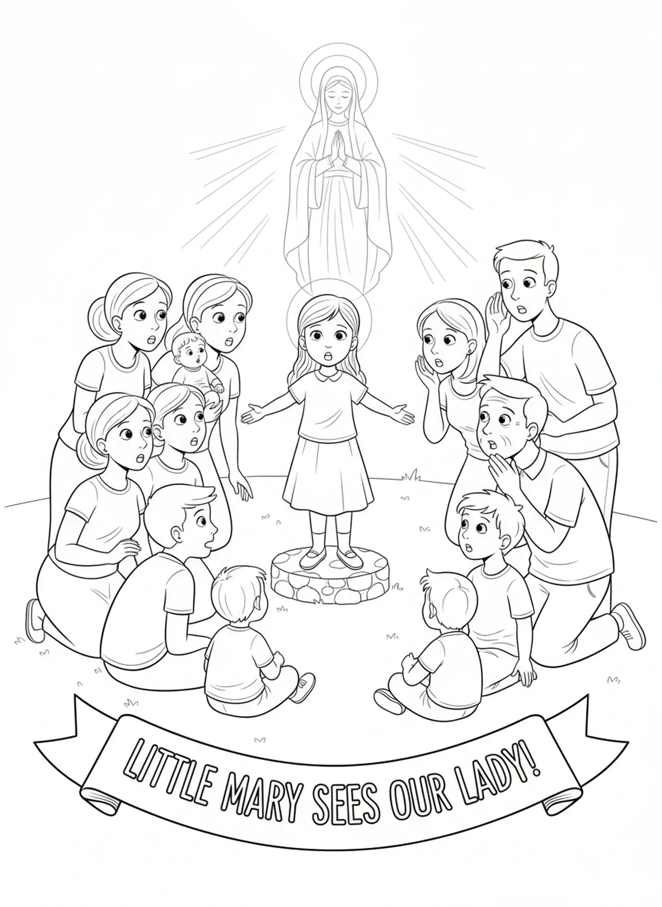 Groupe de personnes écoutant, page à colorier Lourdes pour enfants de 5 à 10 ans.